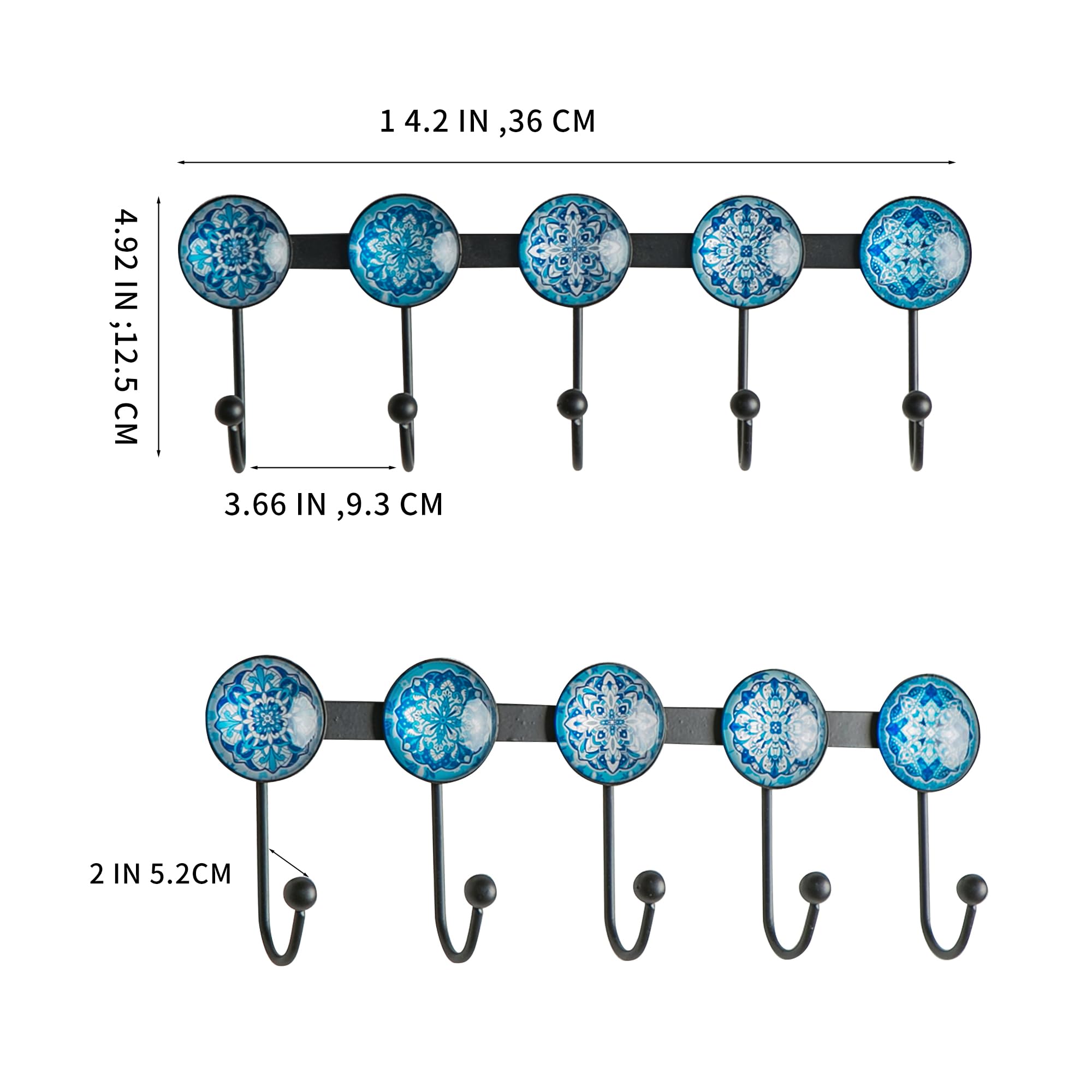 Perchero bohemio montado en la pared con 5 ganchos, diseño de mandala con diseño de glaciar, ganchos decorativos para colgar sombreros, llaves, toallas, bolsos, bolsos y batas, para entrada,