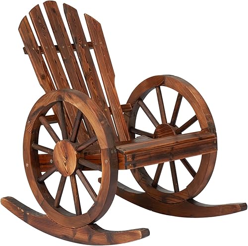 Mecedora de madera para exteriores, diseño de ruedas rústicas, mecedoras Adirondack para patio, campo, patio, patio trasero, natural (1 unidad)