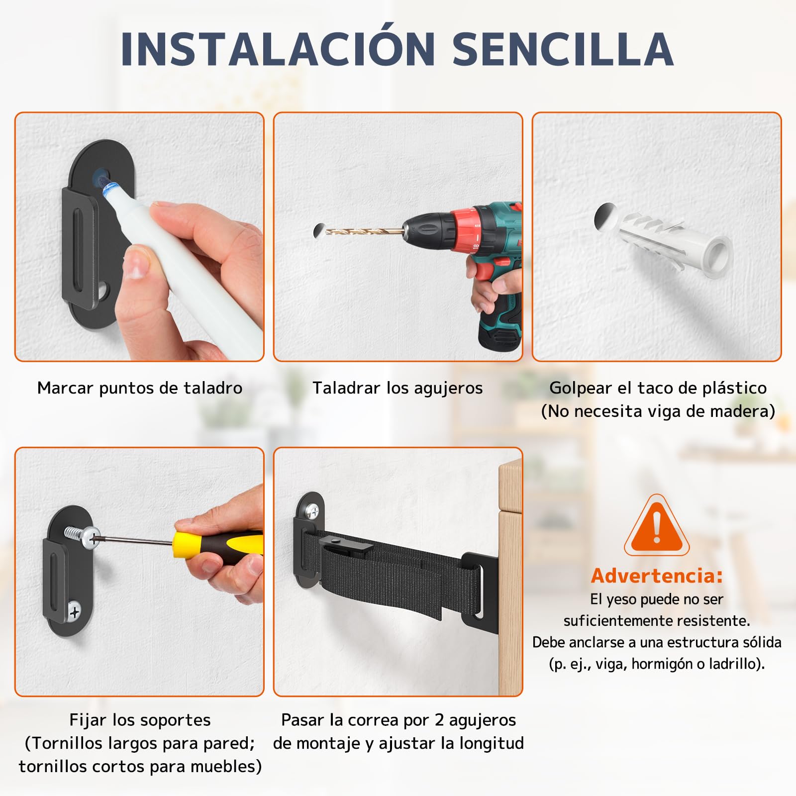 Correas Antivuelco Muebles 4 Juegos,Capacidad 226kg Anclajes de Pared Antisísmicos para Seguridad Bebé&Mascotas,Correas de Seguridad Ajustables con Hebillas Metálicas Estables para Soporte Estanterías