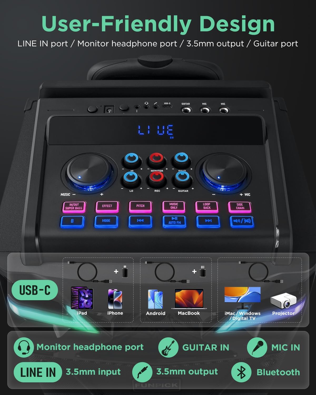 DSP Altavoz Karaoke Portátil, 2 Micrófonos Inalámbricos, Sistema PA 10", Auriculares incluidos, Luz de Fiesta DJ/Efectos de Sonido/Bluetooth/Luces DJ/FM/USB-C GTSK10-1
