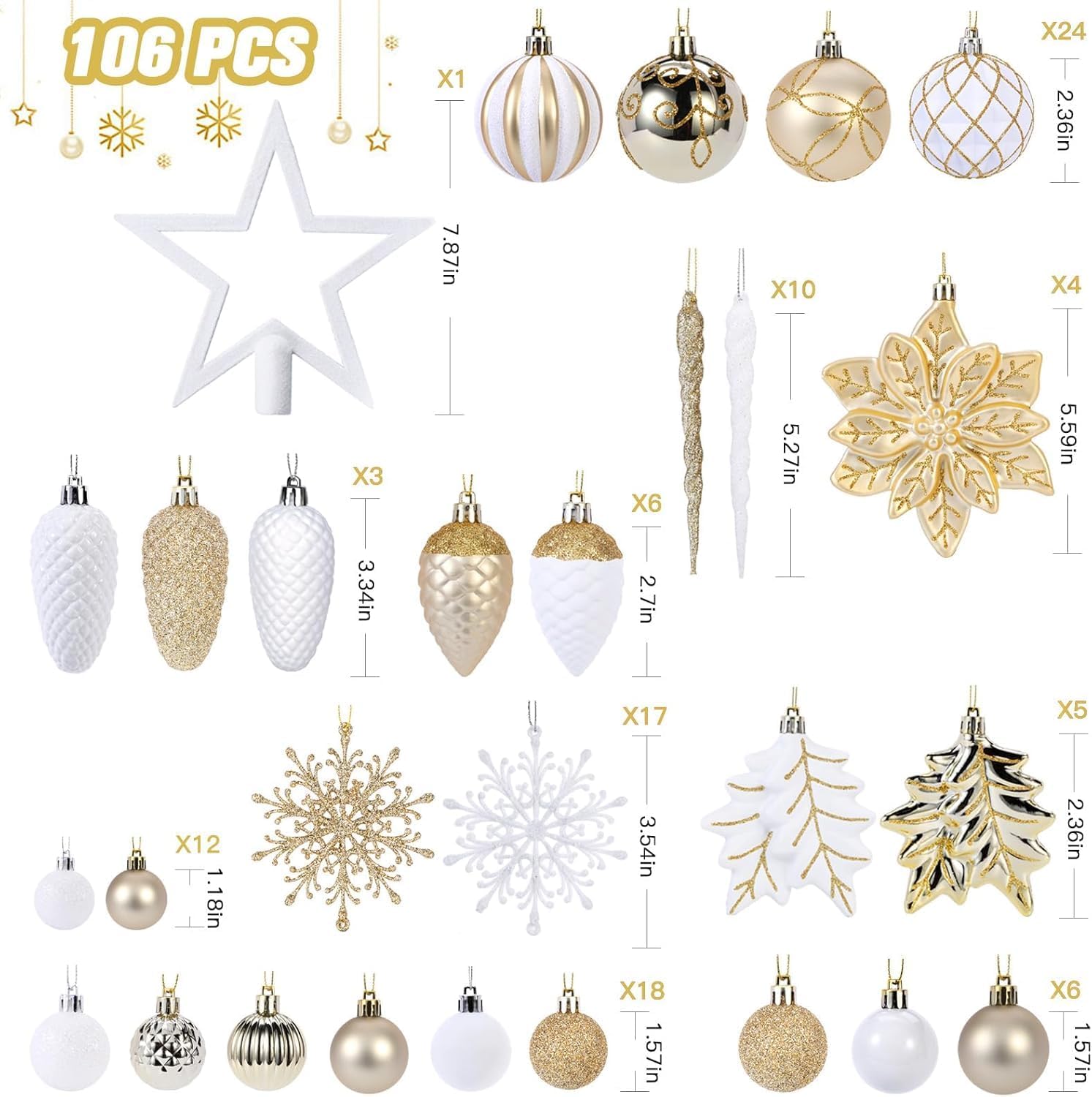 SHareconn 106PCS Christmas Balls Ornaments Set, Colorful Shatterproof Plastic Decorative Baubles for Xmas Tree Decor Holiday Wedding Party Decoration with Hanging Hooks, Gold &White