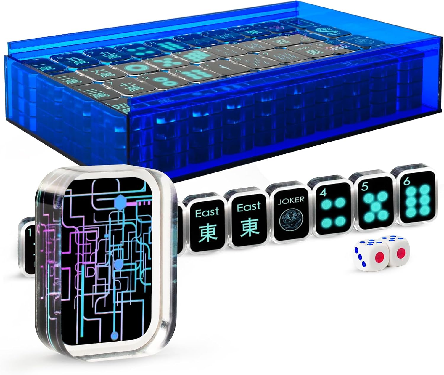 American Mahjong Game Set, 166 Transparent Acrylic Mahjong Tiles 1.18''(30mm), 2 Dices, Mah-Jong Sets with One Blue Storage Case (Ma Jong, Mah-Jongg, Majiang) (Black)