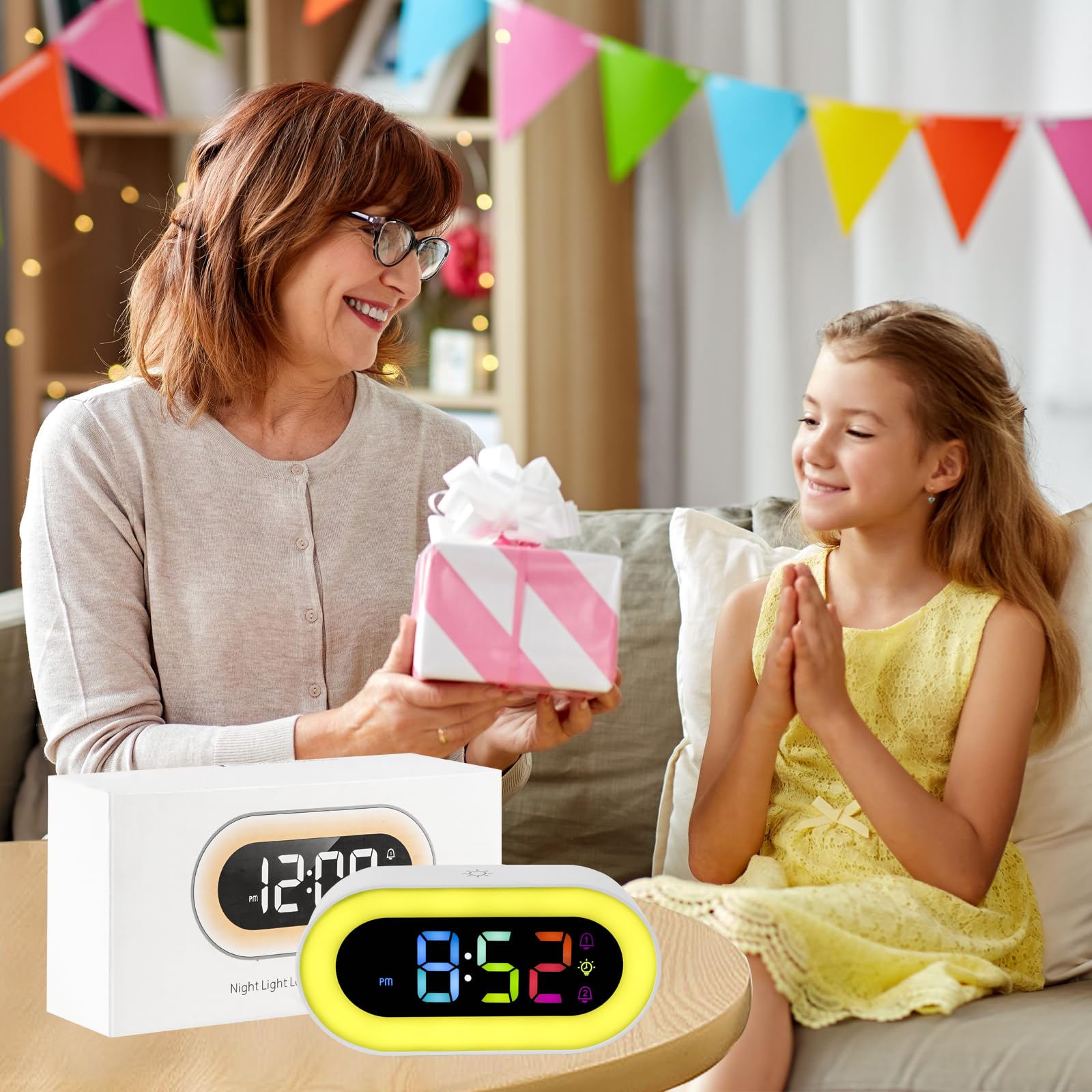 Seutgjie Sveglia Bambina, Sveglia Digitale da Comodino con Batteria USB Ricaricabile 2500mAh 9 RGB Luce Notturna Doppi Allarmi 18 Suonerie Modalità Snooze 12/24 ore Regalo Natale