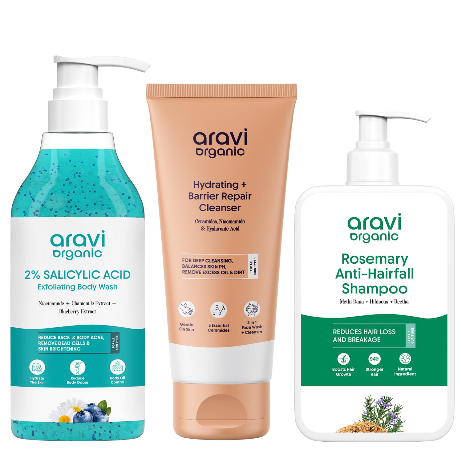 Aravi Organic Daily Care Combo – 2% Salicylic Exfoliating Body Wash with Niacinamide & Blueberry , Barrier Repair Cleanser for Gentle Face Cleansing & Rosemary Shampoo for Scalp Detox & Hair Strength (600ml) (Pack of 3)-image-16