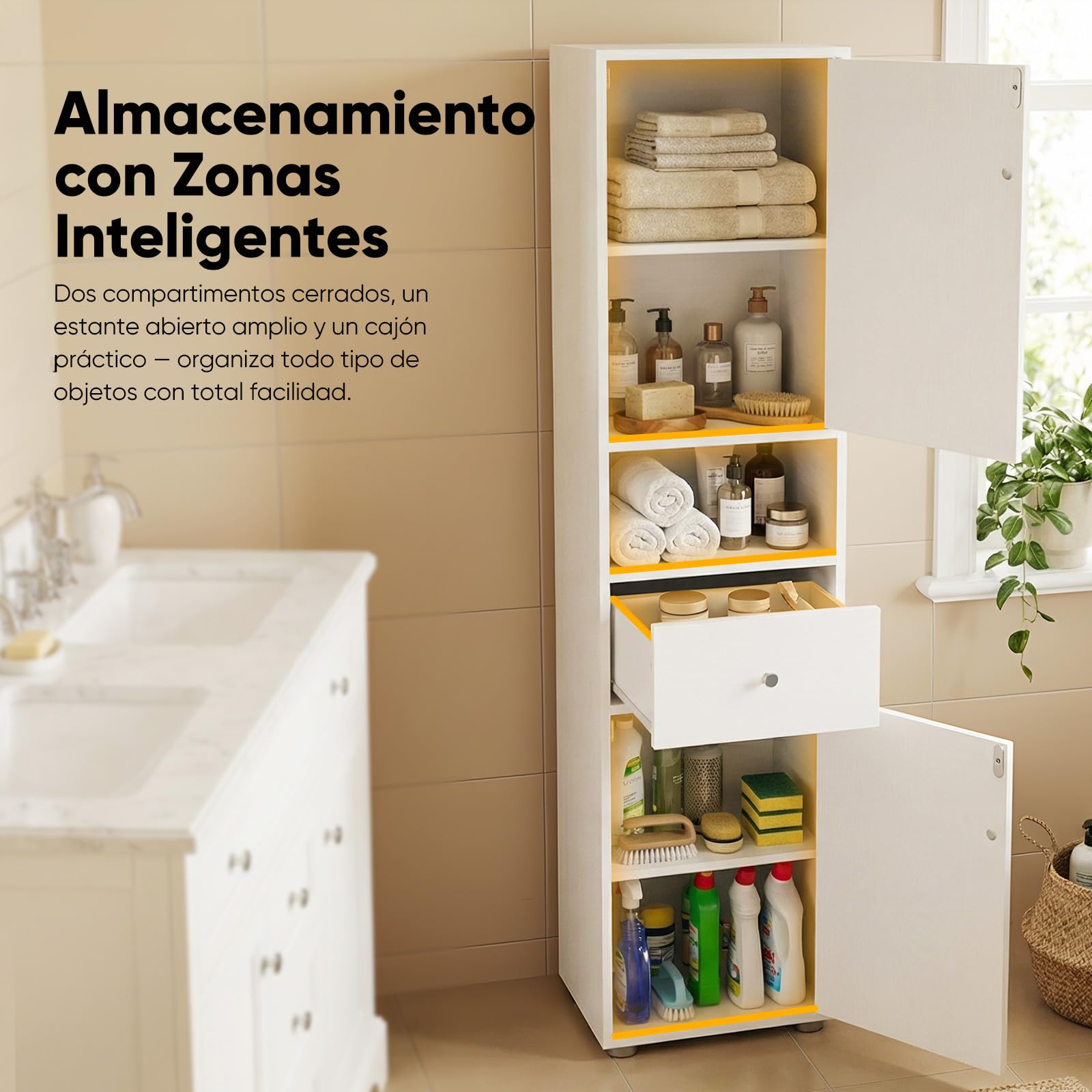 HOKEEPER Armario Estrecho y Alto para Baño, Mueble Baño Independiente con Cajón y Estanterías Ajustables