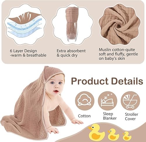 Miniatura 3 de Peryiter 6 toallas de muselina con capucha para bebé, 32 x 32 pulgadas, toalla de baño de algodón para recién nacidos, mantas absorbentes unisex