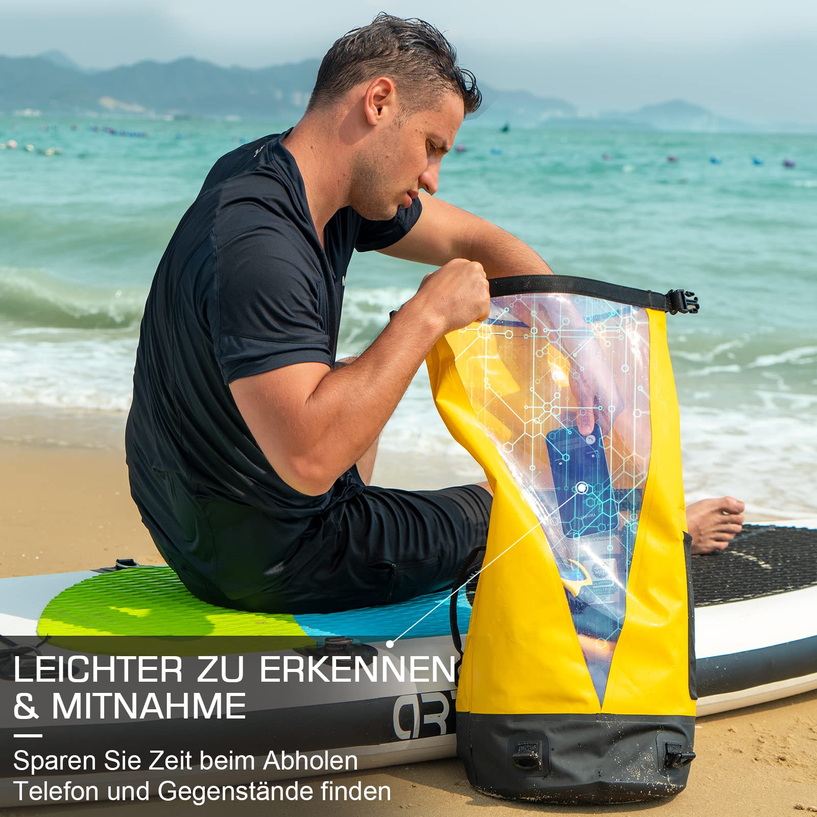Sac à dos étanche - 20 l, 30 l, 40 l, 45 l - Sac à dos étanche pour kayak, canoë, camping, trekking, randonnée, voile ou autres sports nautiques, jaune, 45L
