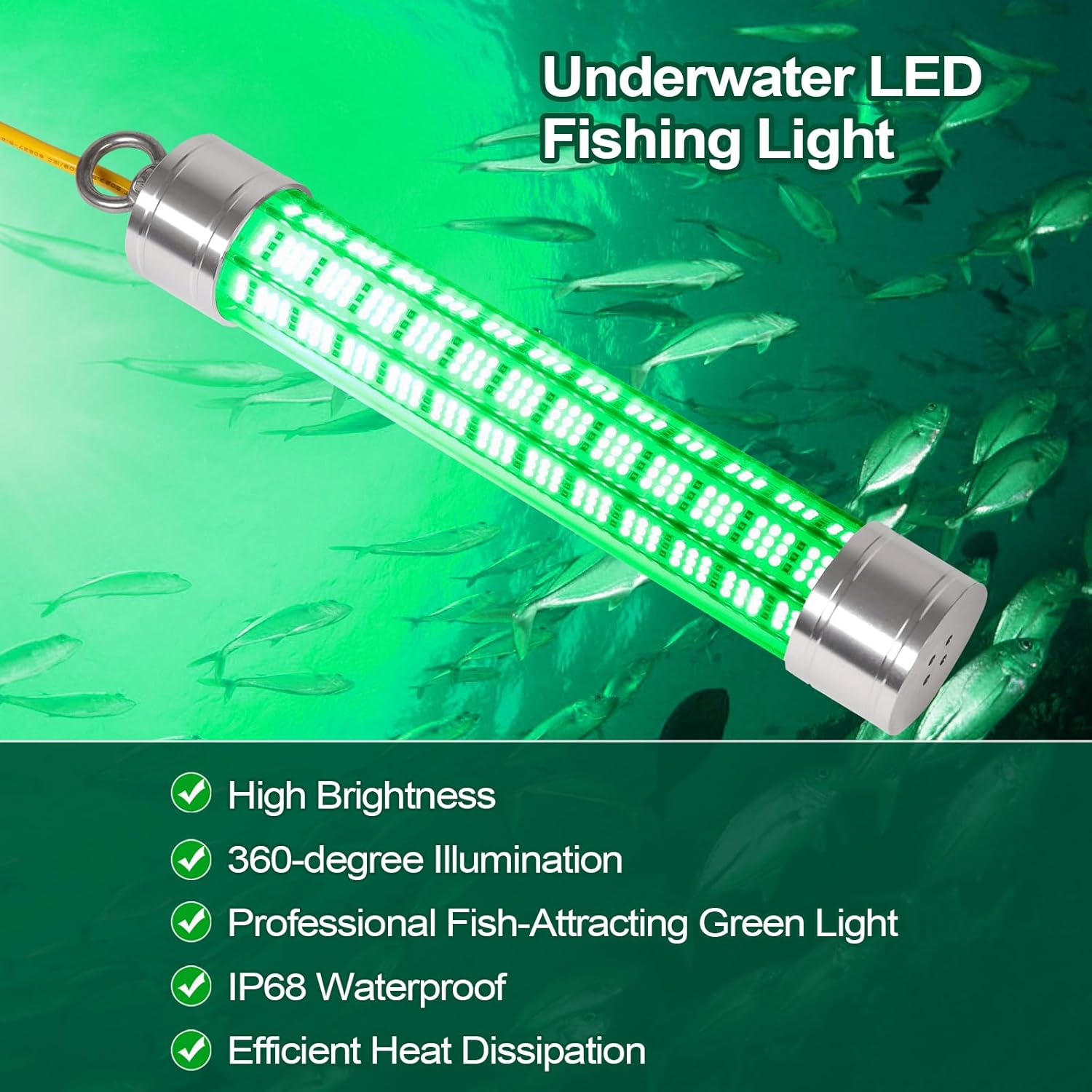 LED Underwater Fishing Light, 200W 110V & 12V 30000LM Waterproof LED Green Submersible Light Attractants for Docks and Boats, Snook, Bass, Crappie, Striper, Bait, Catfish and More