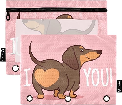 Bolsas para carpeta, lindo sonriente salchicha perro cachorro bolsa para lápices para carpeta de 3 anillas, paquete de 2 bolsas transparentes para