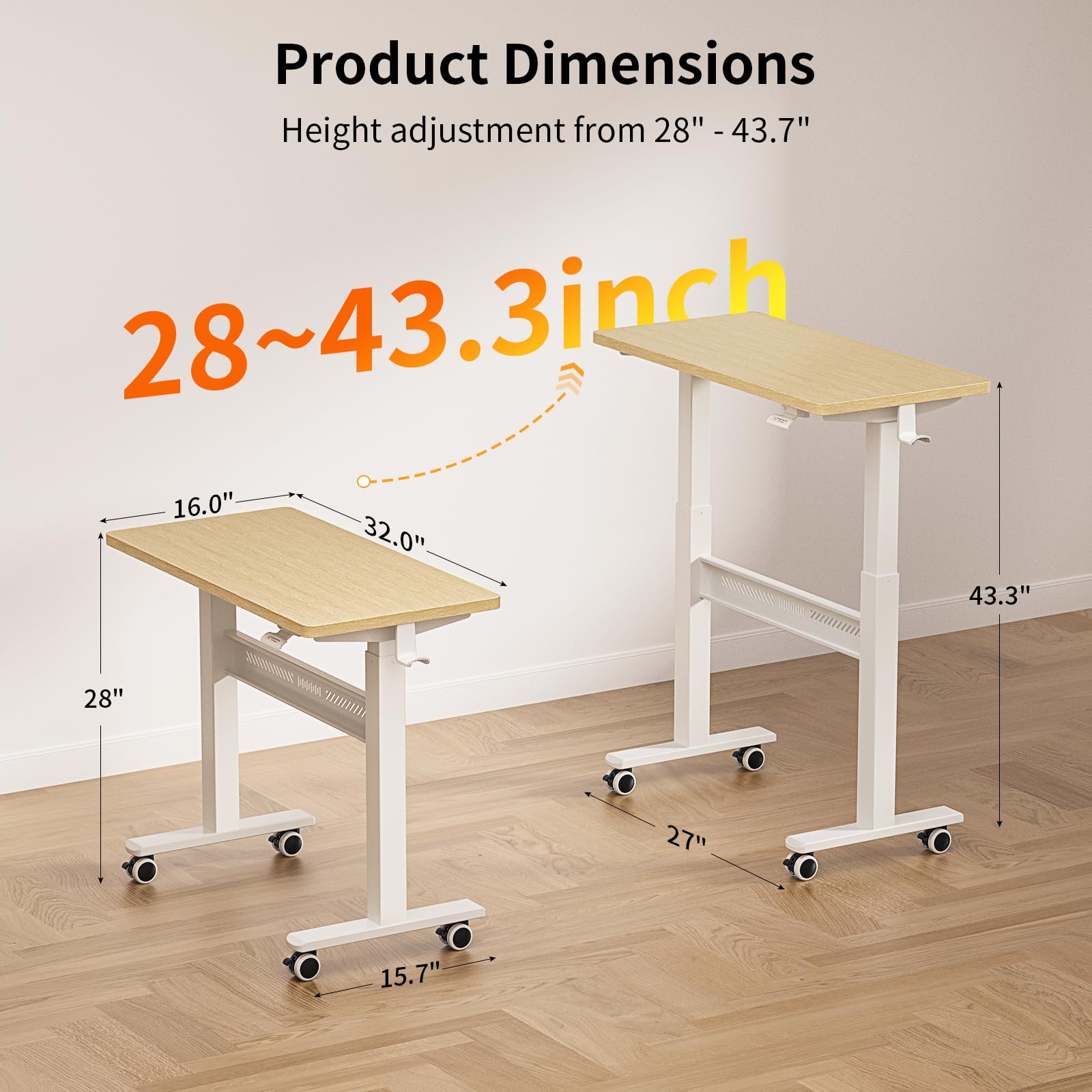 WALKINGDESK Bureau Mobile Réglable en Hauteur, 80 × 40 cm, Table de Lit avec roulettes Portable, Pneumatique Table Roulante Mobile pour Canapé, Lecture ou Travail, Chêne