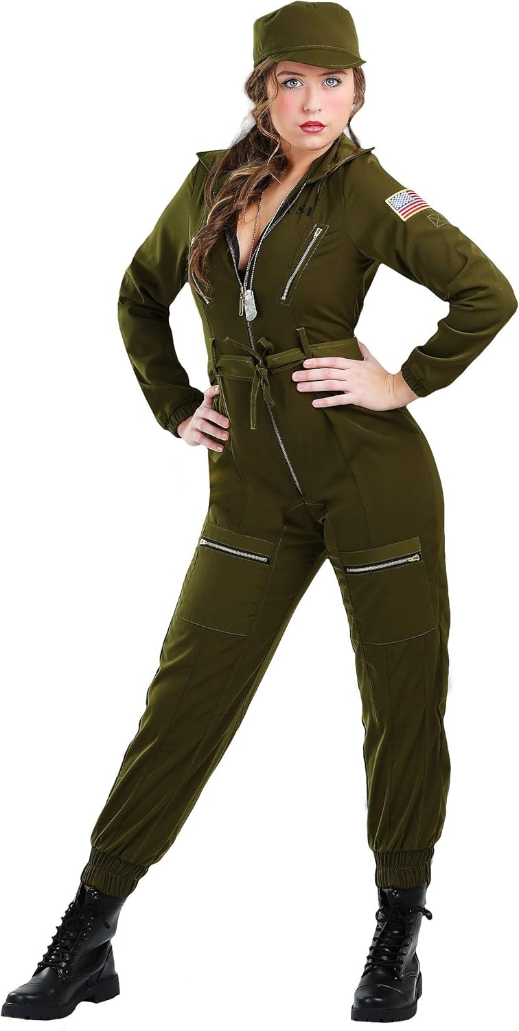 Plus Size Women's Army Pilot Flight Suit Costume Aviator Jumpsuit with Flag Patch, USA Stencil, Cargo Pockets - Image 4