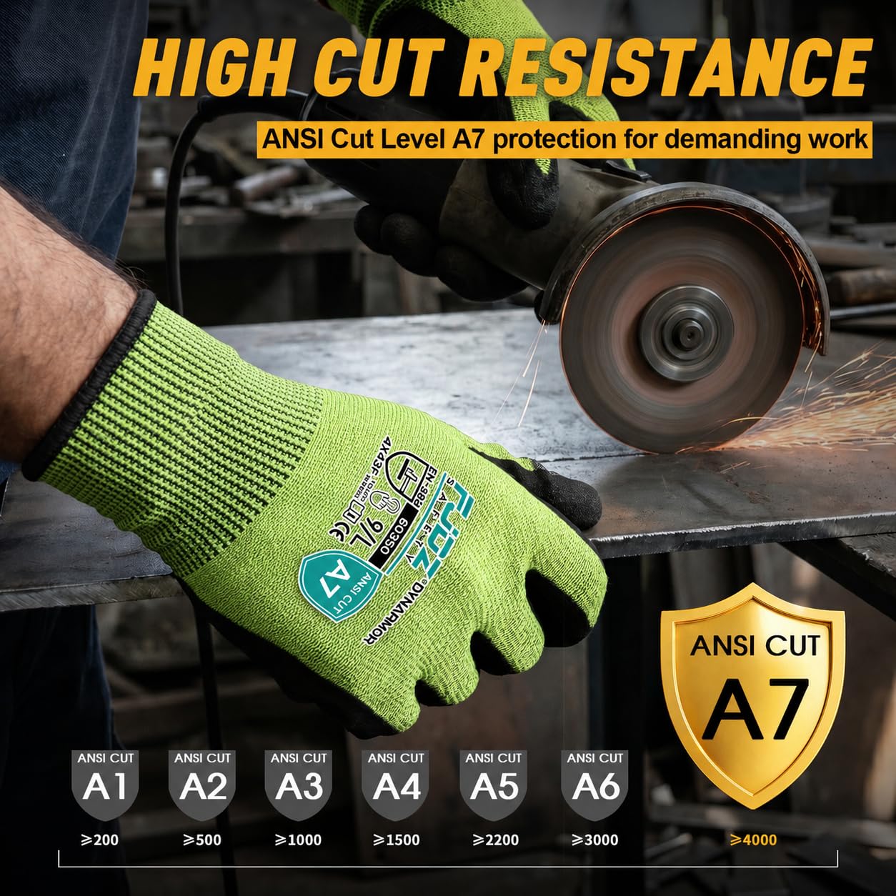 Evridwear ANSI A7 schnittfeste Handschuhe, Touchscreen-Schneidehandschuhe mit sandiger Nitrilbeschichtung, fester Griff für Holzarbeiten, Lager, Griffglas, Gartenarbeit, Bau, Angeln (Grün, M)