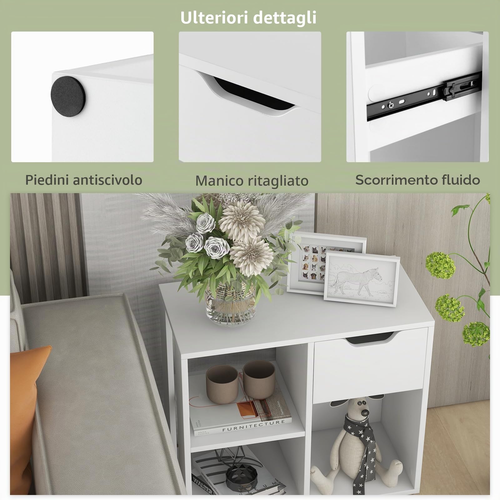HOMASIS Cubo Portaoggetti Scaffale, Mobiletto Salvaspazio con Cassetto e 3 Scomparti, Scaffale Piccolo in Legno, Divisorio per Soggiorno, Ufficio, Camera da Letto, 60 x 30 x 53 cm (Bianco)