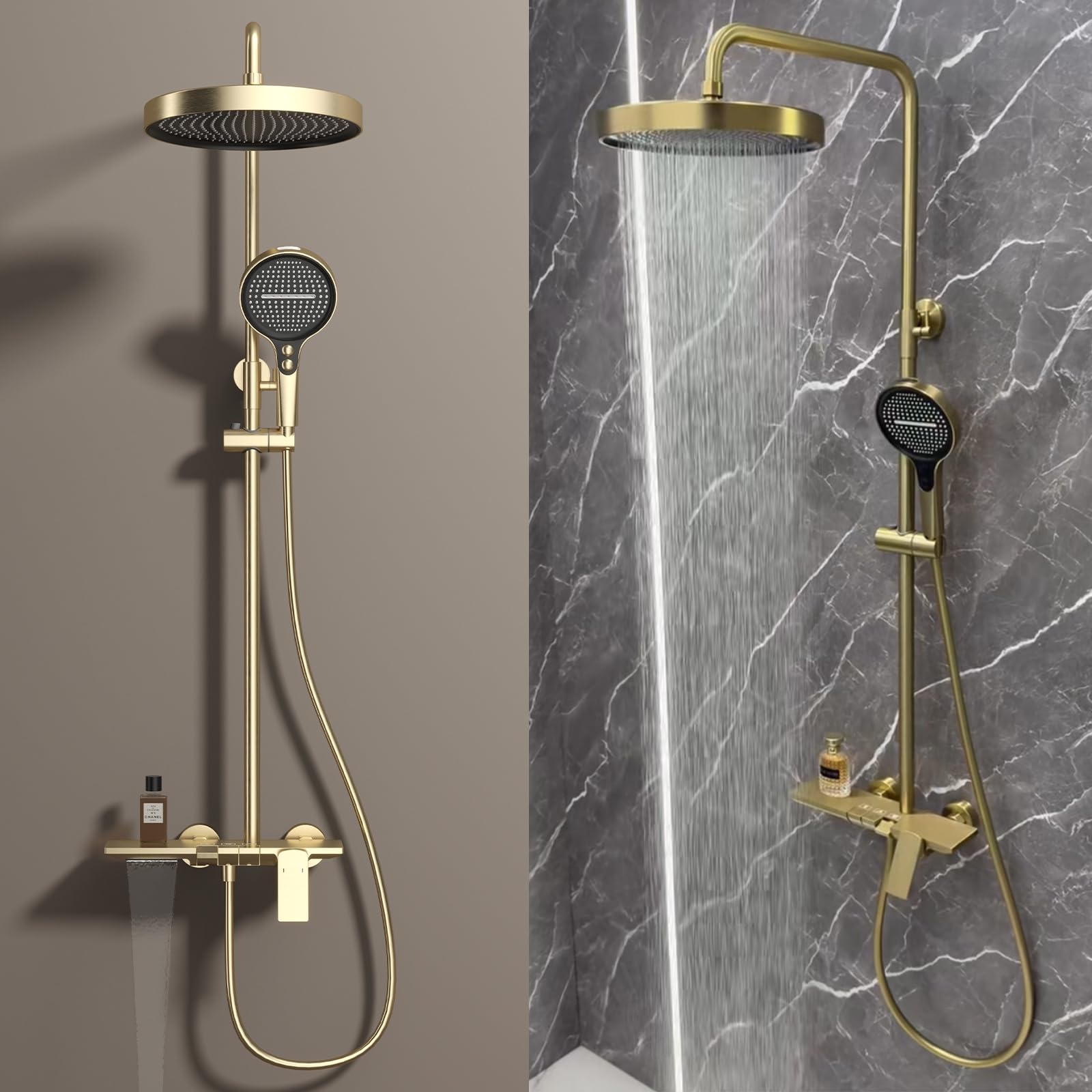 Oro Cepillado Columna Ducha con Grifo, Columna de Ducha for Bañera Monomando Sistema de Ducha lluvia Altura Ajustable Set de Ducha con 32.5cm Cabezal, 4 Modos Ducha Mano