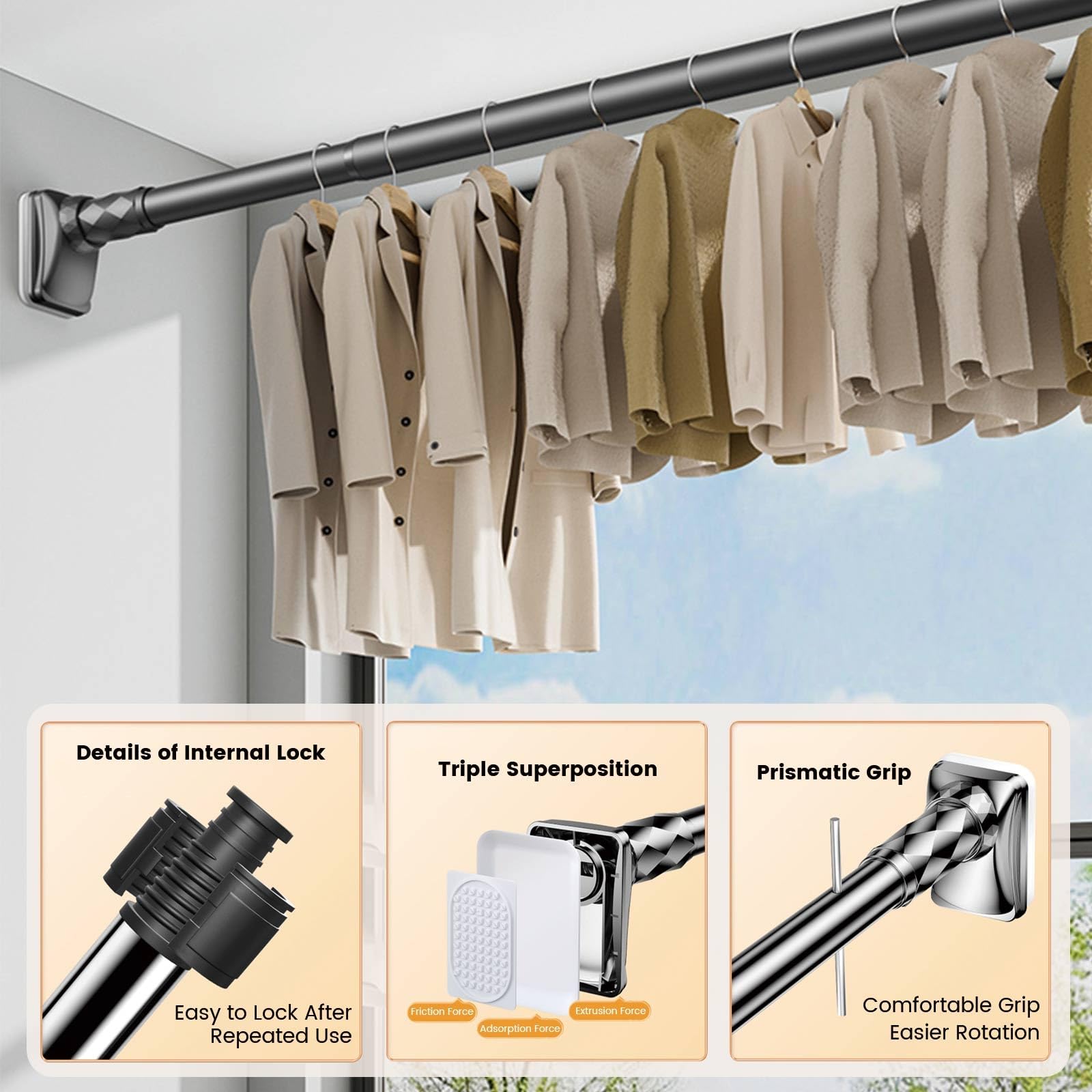 Barra telescópica de acero inoxidable para cortina de ducha, barra extensible sin taladro, para patios y armarios