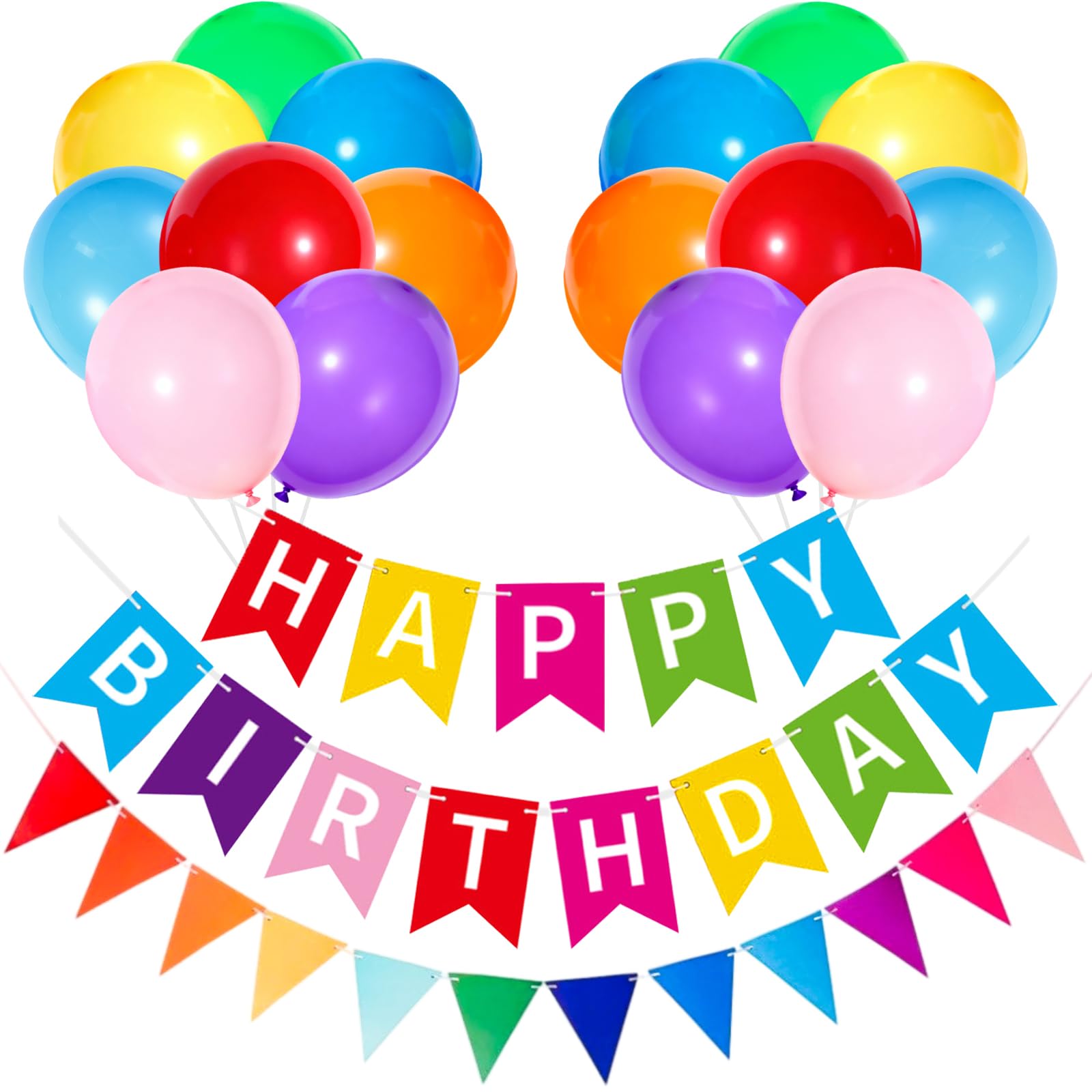 Rainbow Happy Birthday Banner and Bunting, Multicoloured Happy Birthday Decorations, 16pcs 12 inch Rainbow Balloons Colourful Helium Balloon with White Ribbon for Kids Birthday Party Decorations