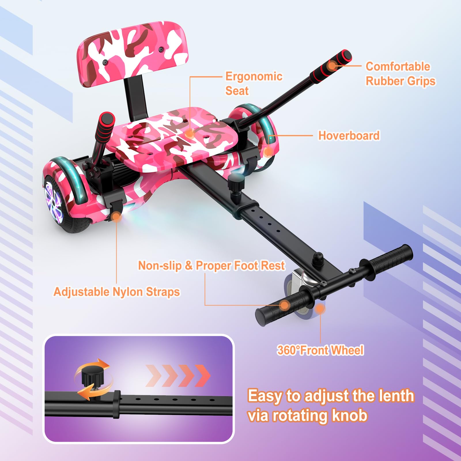 SISIGAD Hoverboard con Kart, Go Kart 6,5 pollici, Hoverboard All Terreno Auto-bilanciato con Altoparlanti Bluetooth e Luci LED, Regalo per Bambini, Rosa Camouflage