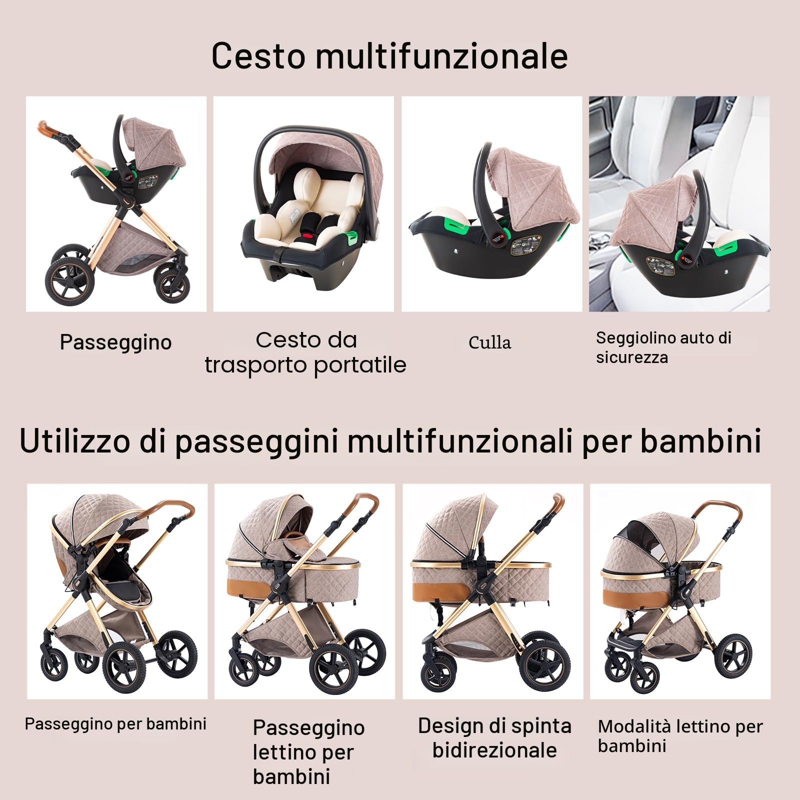 BEBBY Multifunzionale Carrozzina Passeggino Trio Combinazione Passeggino 3 in 1 Passeggino Ovetto Pieghevole Set Passeggino Neonato Sedili Parapiedi Zanzariere H2-BLACK