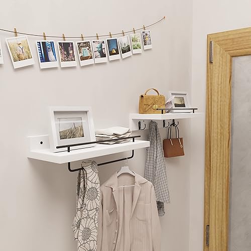 Miniatura 5 de Pine Floating Shelves with Hooks, White Farmhouse Bathroom Floating Shelves Over Toilet, Set of 2 Wood Wall Shelves with Removable Towel Bar,