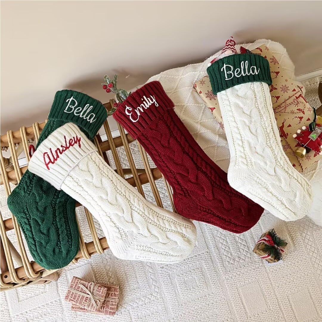 Calcetines Navidad Chimenea - 46cm Medias de Navidad con Nombre del Bordado para Colgar, Medias de Navidad Personalizadas, Idea Regalo para Decoracion Navidad Hogar, 4 Pieza