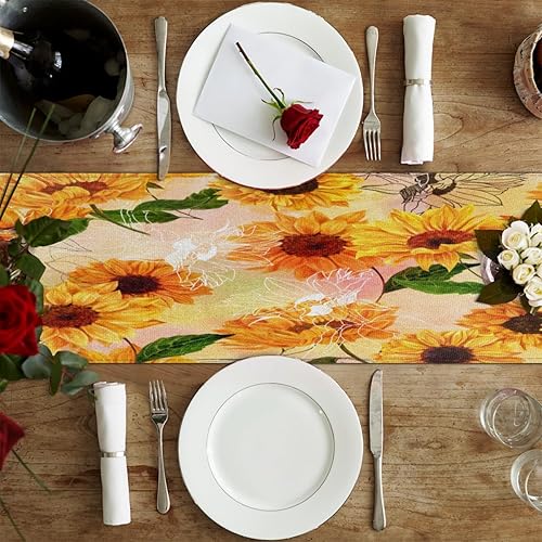 Miniatura 4 de Table Runner Rustic Sunflowers, Rustic Linen Table Cloth for Farmhouse Kitchen, Dinner, Events, Party, Holiday Table Decor 13 x 120 Inches