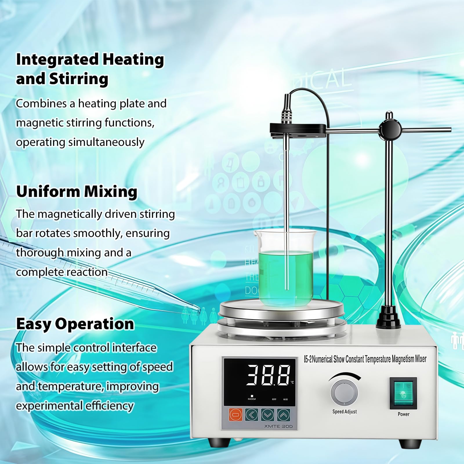 Agitatore magnetico con piastra riscaldante, 250 W, con regolatore di velocità continuo da 0 a 2200 giri/min, display digitale, magnetic Stirrer con 6 bastoncini magnetici per laboratori