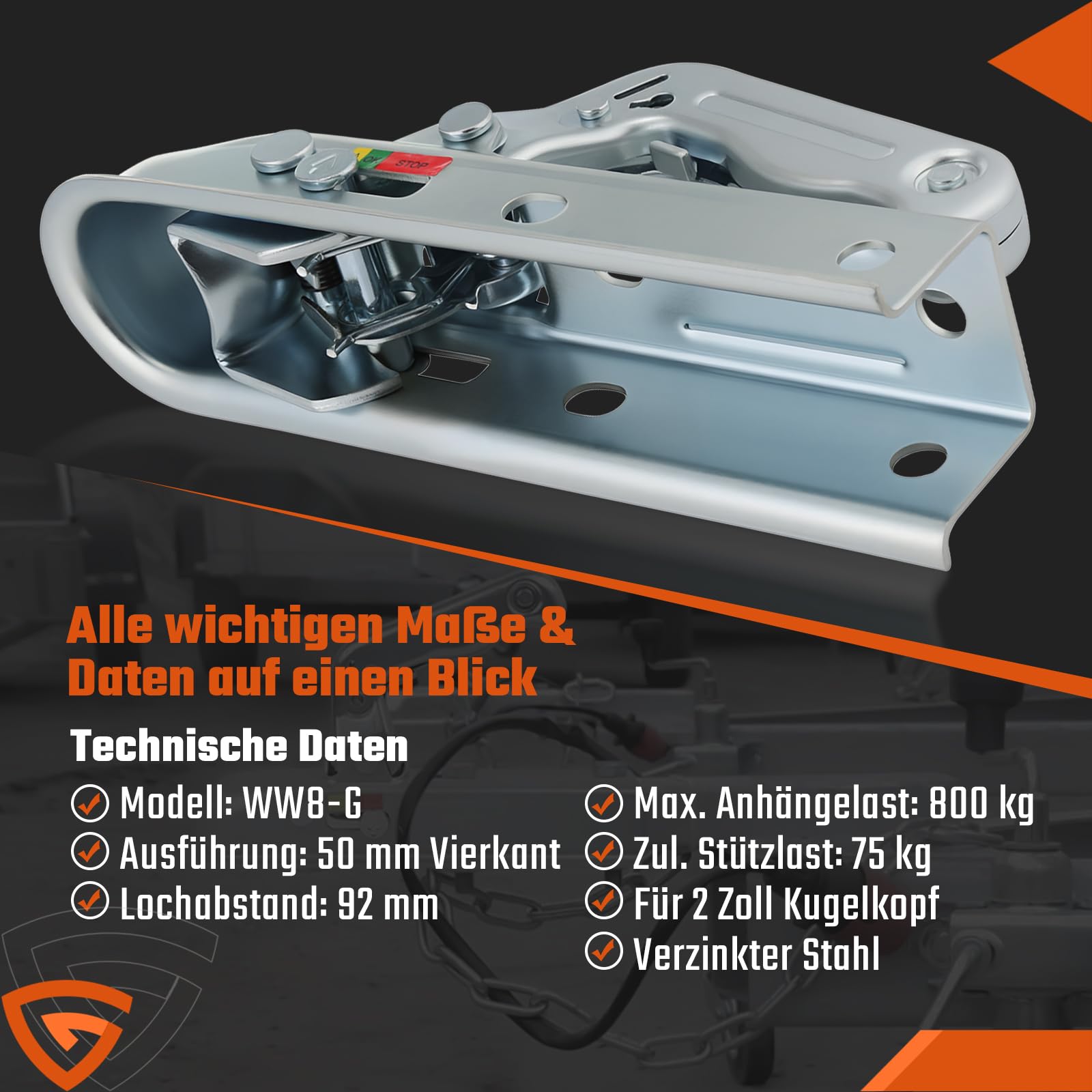 GEARMONSTER Attacco per rimorchio 800 kg, testa di aggancio quadrata, 50 mm, sfera universale, aggancio per rimorchio WW8-G