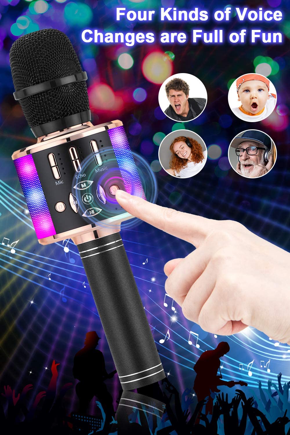 Mikrofon dla dzieci bezprzewodowy, magiczny dźwięk karaoke, bezprzewodowy mikrofon 4 w 1, maszyna do karaoke Bluetooth, maszyna do karaoke dla dorosłych, na imprezę, na zewnątrz, w podróż, czarny