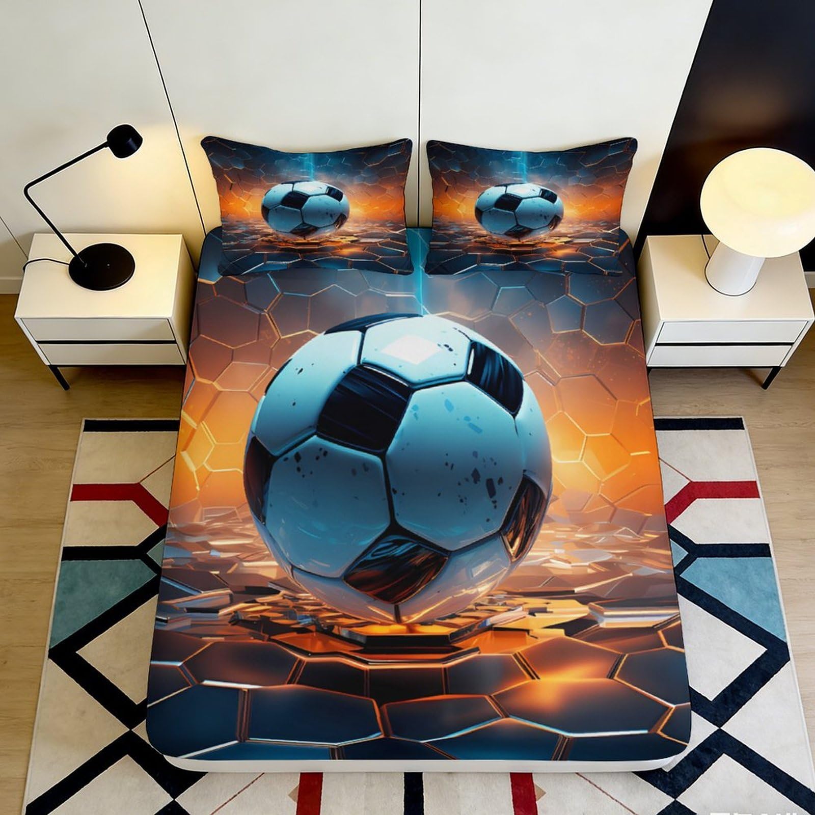 Pnayamiorkfel Style-6 3D Printed Soccer Stadium Fitted Sheet Microfiber Modern Bed Cover Blue Orange Bedroom Dorm Mattress Decor 90X200x25cm