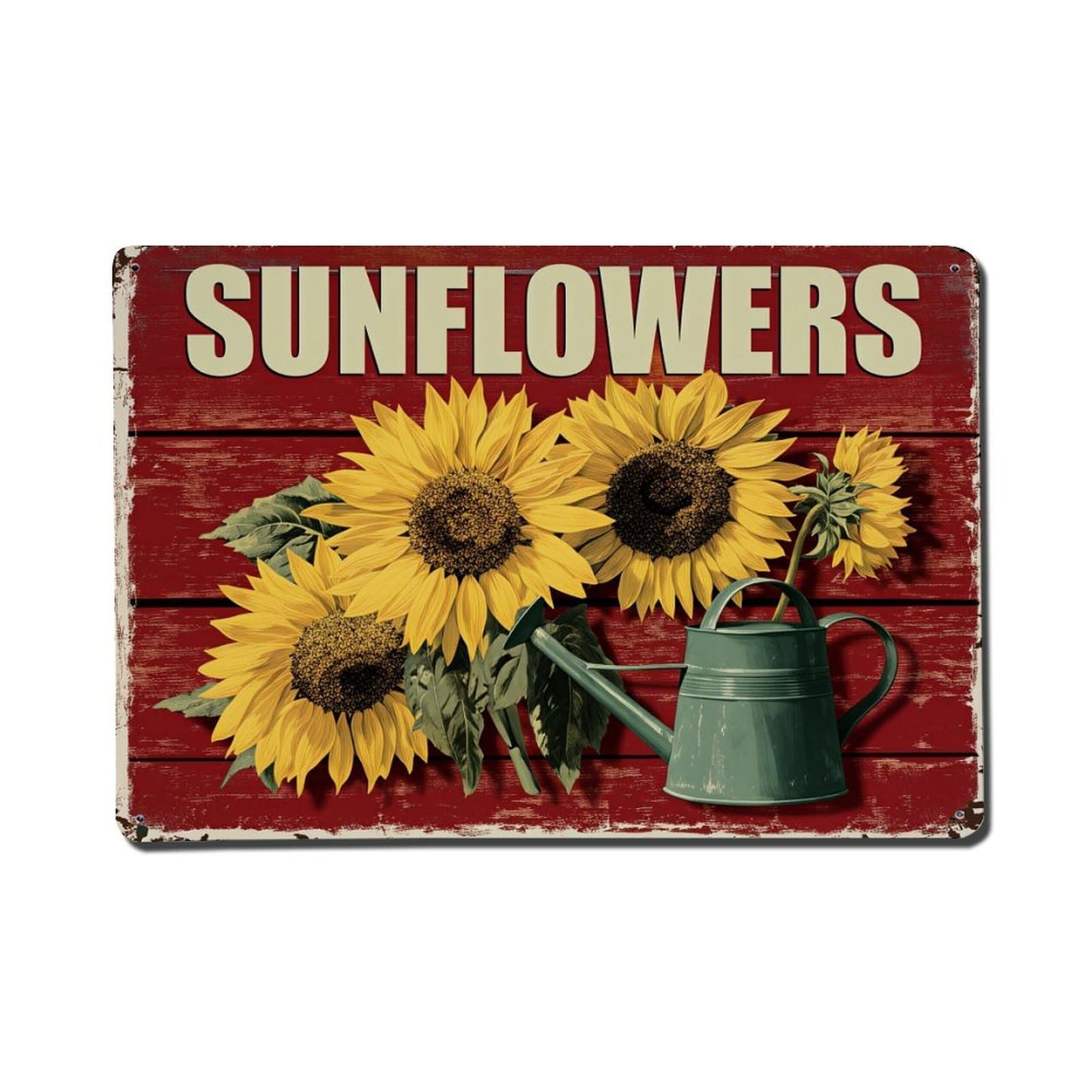 Sunflowers Watering Can Rustic Wood Background Tin Sign Vintage Metal Poster, Home Bar Garage Man Cave Cafe Indoor & Outdoor Wall Decoration 8x12Inches
