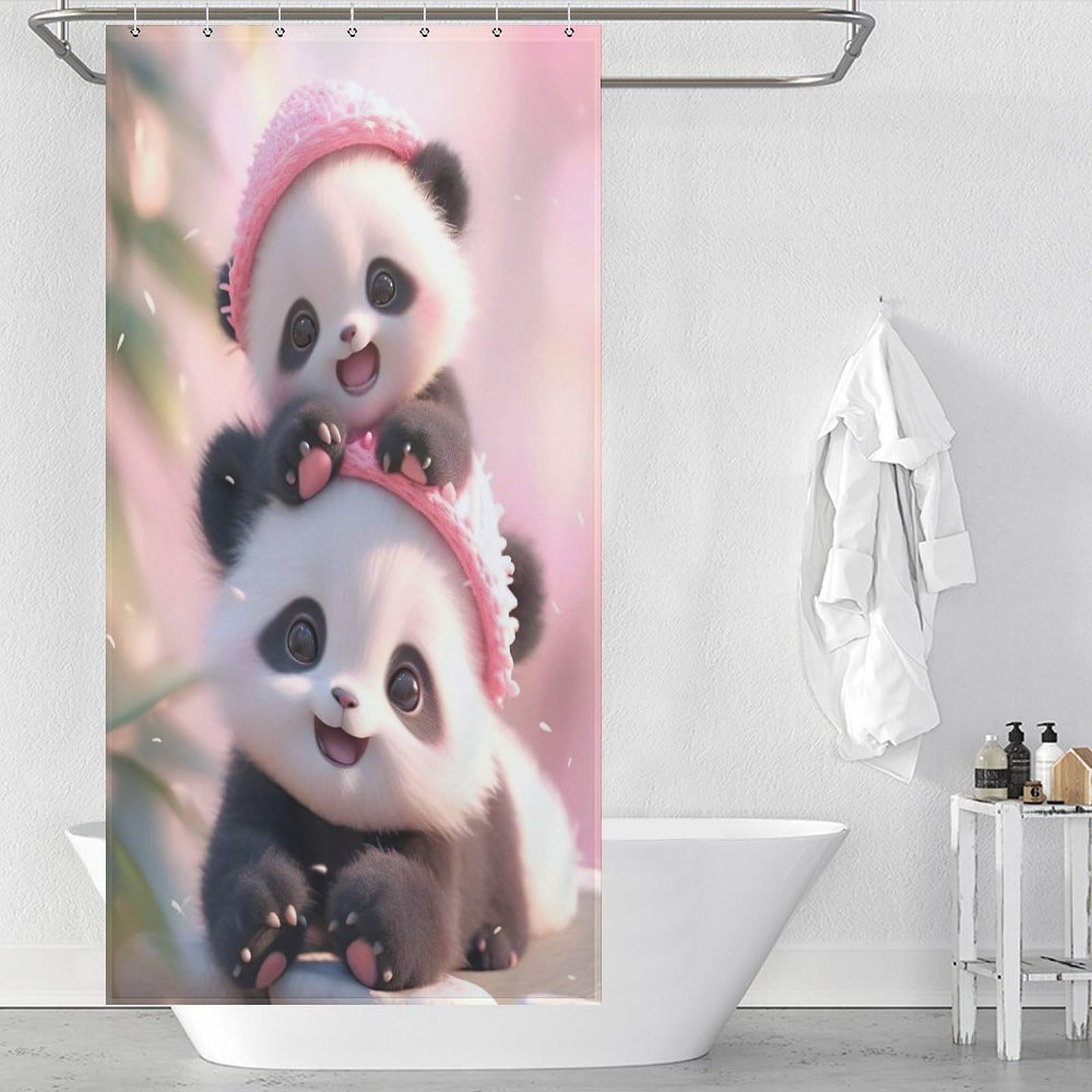 Rideau de douche panda anti éclaboussures imperméable 92x183 cm avec crochets