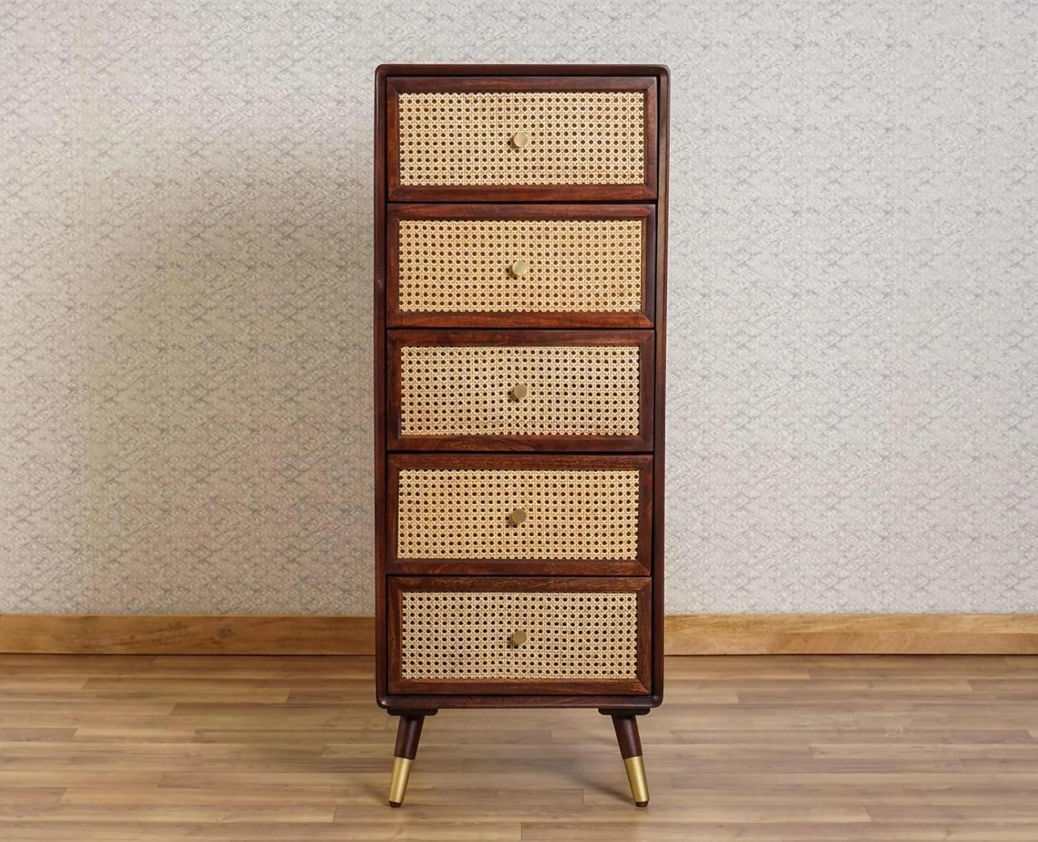 M/S PINDORA Wooden Chest of Drawers with 5 Compartment Storage Cabinet Featuring Rattan Cane Design, Spacious Tall Organizer for Bedroom, Living Room, Hallway and Office-image-14