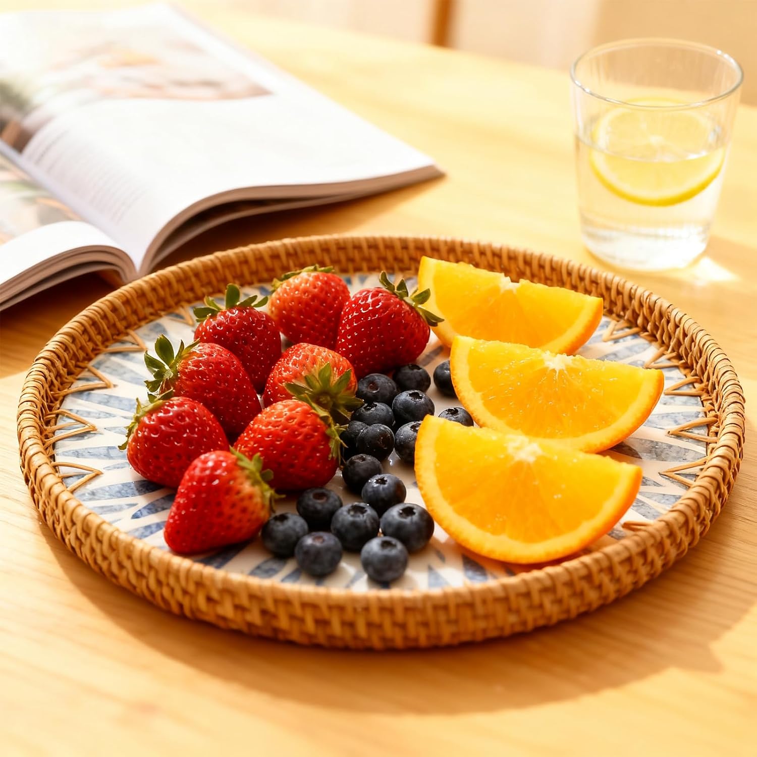 Round Rattan Tray with Mother of Pearl Inlay, Boho Style Decor Tray is Suitable for Bread Fruit Coffee, Also Functions as Kitchen Dining Table Home Decor (Black Gold) - Image 4