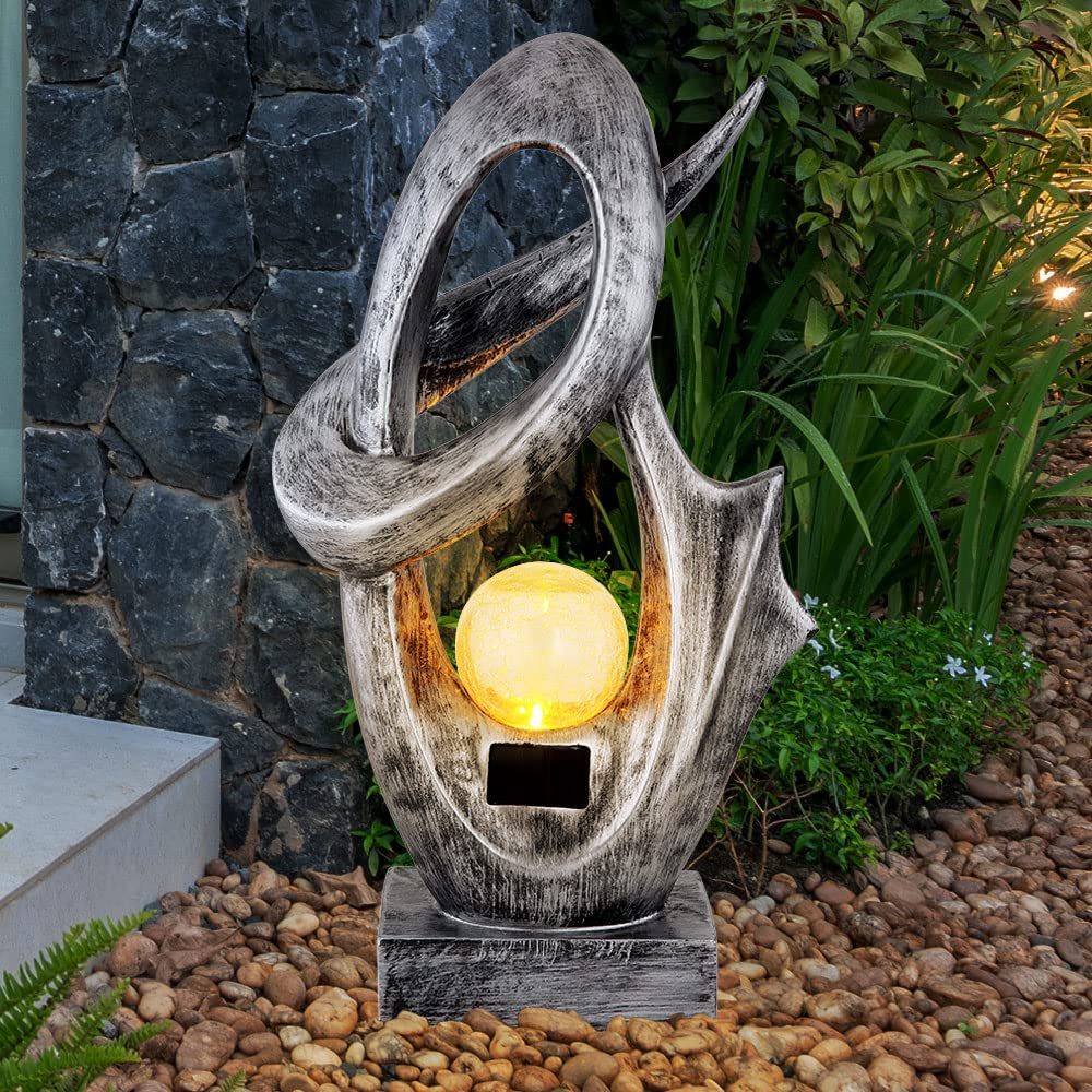 GLOBO Solarlampe für Außen Garten Deko Terrassen Lampe Außen Boden Solar Lampe Outdoor stehend, mit Feuereffekt, Skulptur silber, Crackle Glaskugel, 1x LED 3000K, BxH 25,5x45 cm