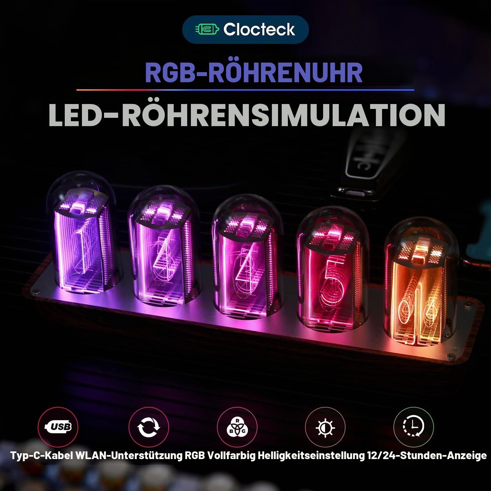 ClocTeck LED Nixie Uhr, Digital Nixie Tube Clock, Nixie Röhrenuhr, Und das WiFi synchronisieren, Alarm und 12/24-Stunden-Anzeige, kein Zusammenbau erforderlich – EIN Retro-Geschenk für Freunde