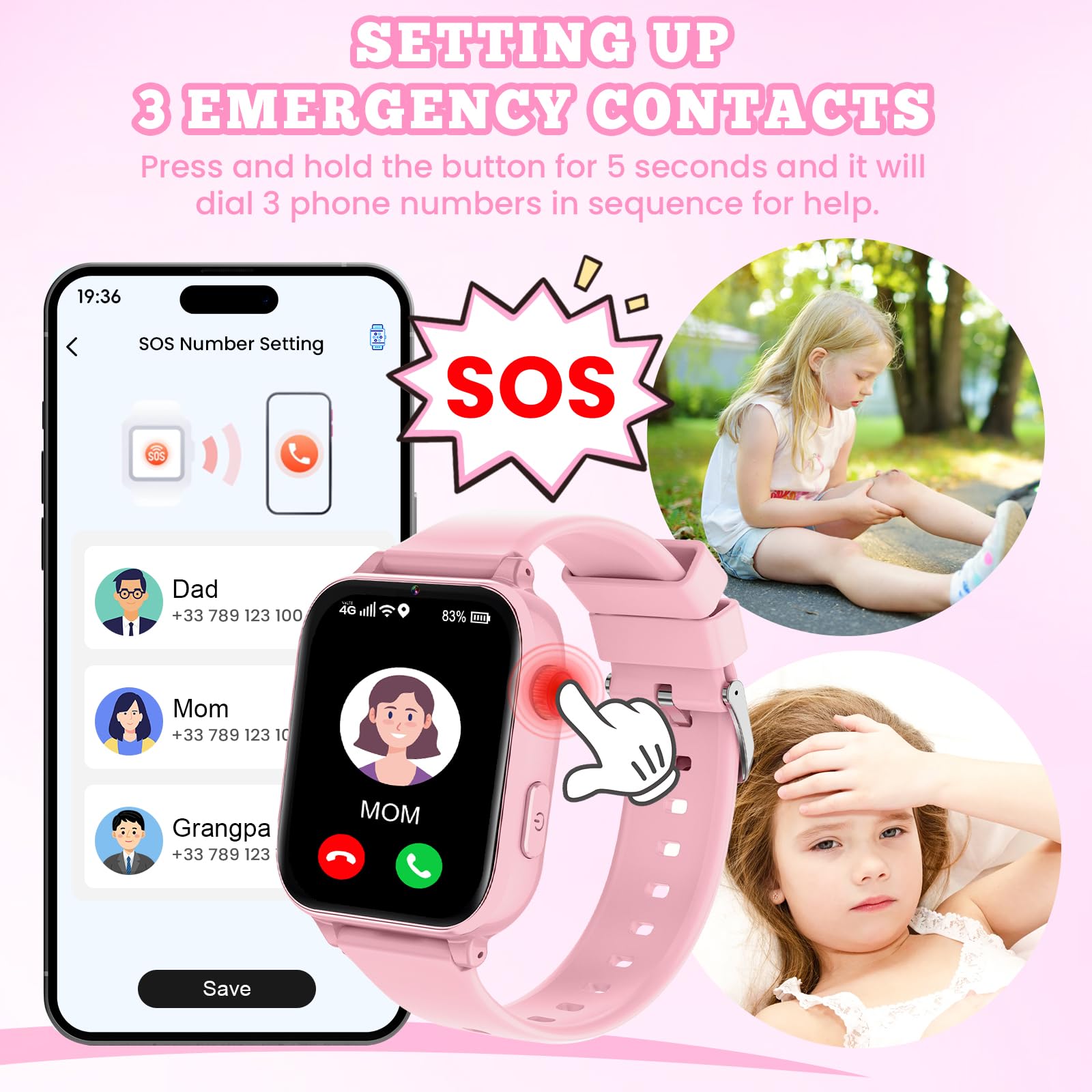 4G Smartwatch Bambini, Kids Smart Watch Intelligente con GPS, SOS, WIFI, Chat Vocale, Videochiamata, Modo Classe, Giochi Sveglia Contapassi Ragazzi Ragazze Orologio Regalo 4 ai 12 anni, Rosa