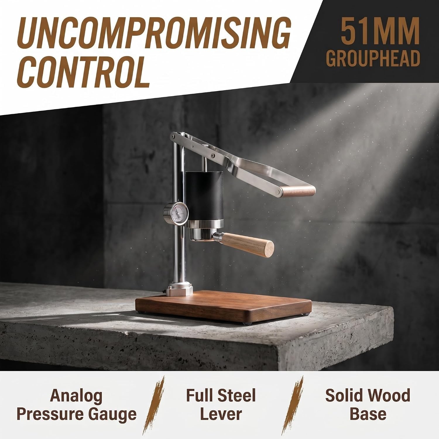 Macchina per caffè espresso manuale con manometro, portafiltro da 51 mm, base in legno, perfetta per realizzare caffè di qualità da barista a casa