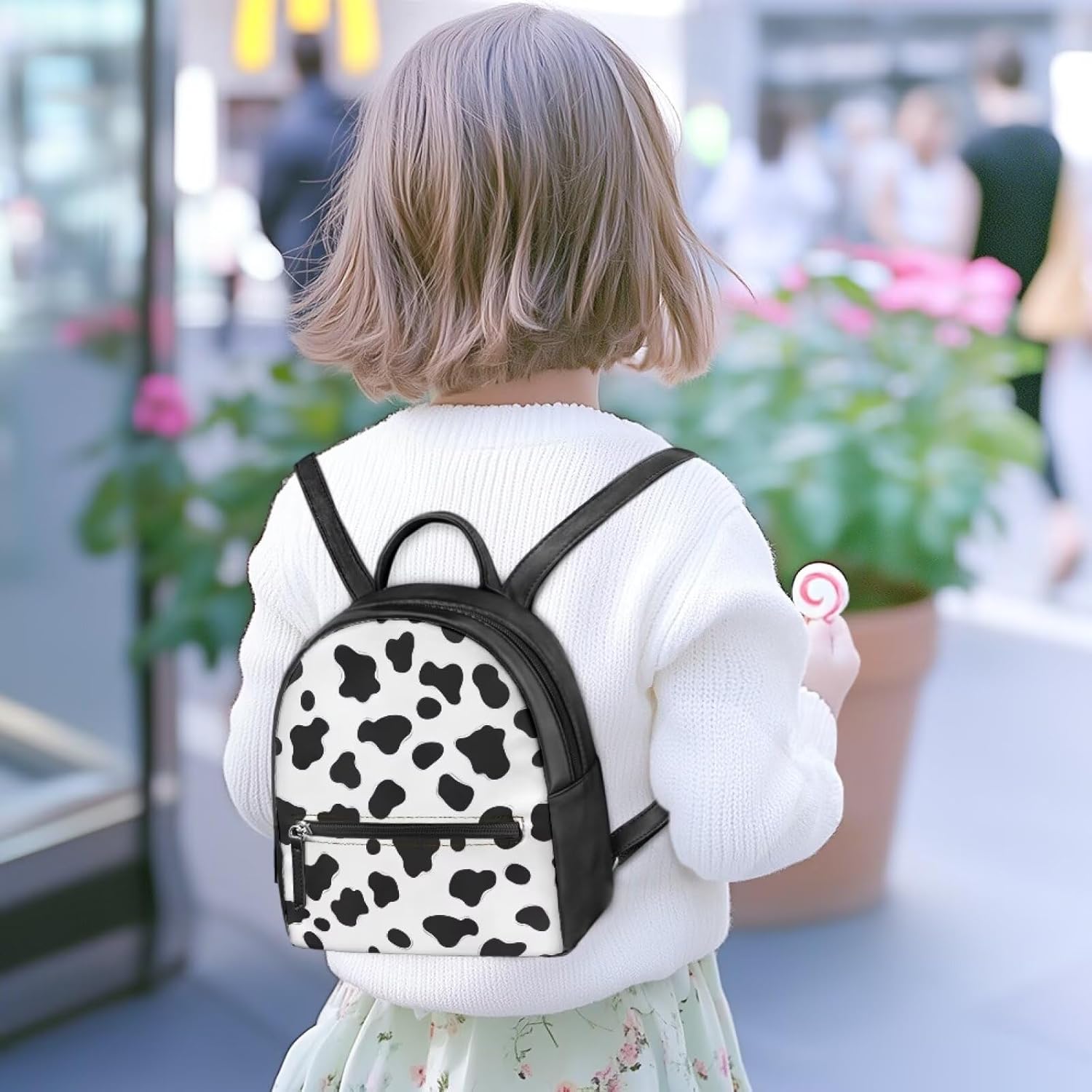 FOR U DESIGNS Black and White Cow Mini Backpack Purse for Women Small PU Leather Shoulder Bag with Adjustable Strap Compact Lightweight Daypack for Camping