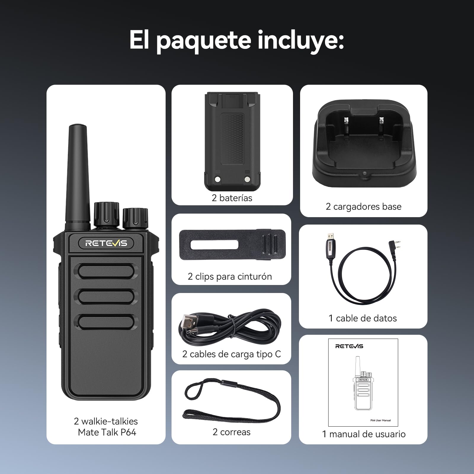 Retevis MateTalk P64 Walkie Talkie Digital sin Licencia, Radio Bidireccional de Largo Alcance Compatible con Repetidor, Llamadas Grupales, VOX, Seguridad, Radio Comercial para Fabrique (Paquete de 2)