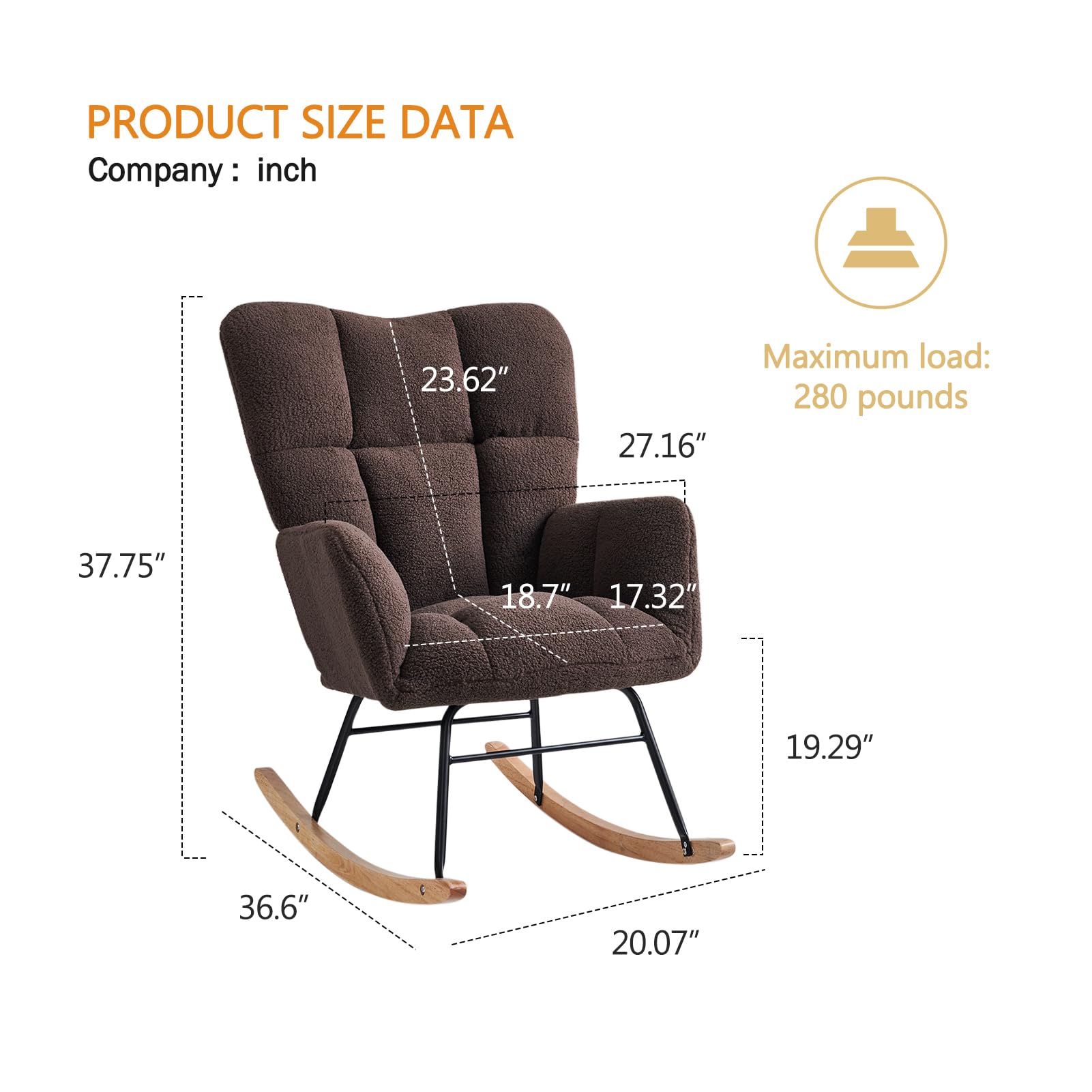 Kiztir Rocking Chair Nursery, High Backrest Teddy Glider Rocker Upholstered Rocker Recliner Modern Rocking Accent Chairs for Bedroom, Living Room, Offices (Brown)