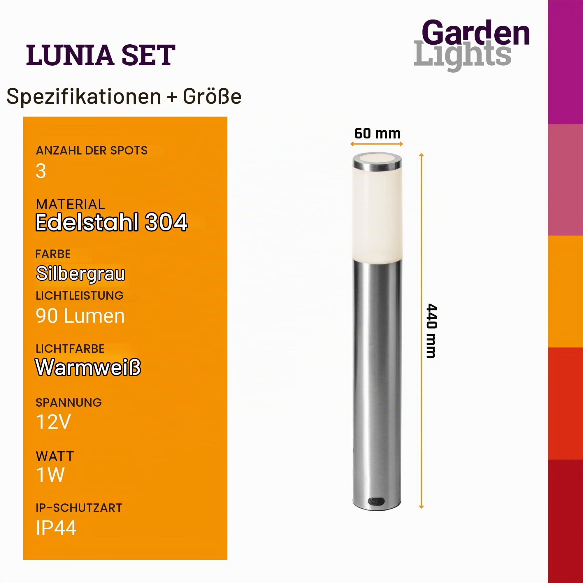 Garden Lights® Sockelleuchte Set Lunia - 12v 1W LED - IP44 Edelstahl - verwendung mit Erdspieß - geeignet für jeden Gärten, Wege oder Einfahrt