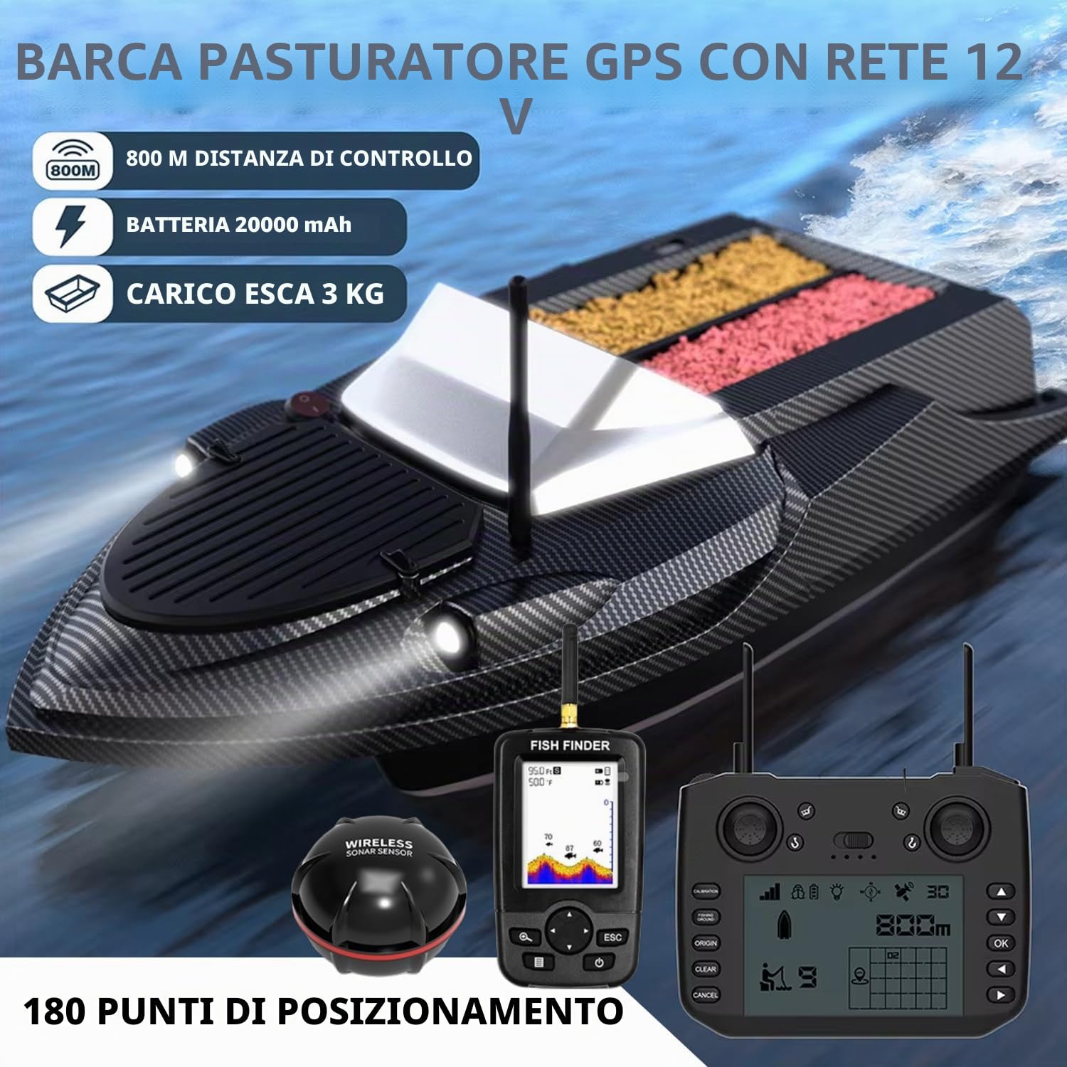 Barca Esca da Pesca RC con GPS ed Ecoscandaglio, Bait Boat Telecomandata, 180 Waypoint, Controllo 800 m, Serbatoi Esca 3 kg, Ritorno Automatico, Rilascio Amo e Rete, Nera