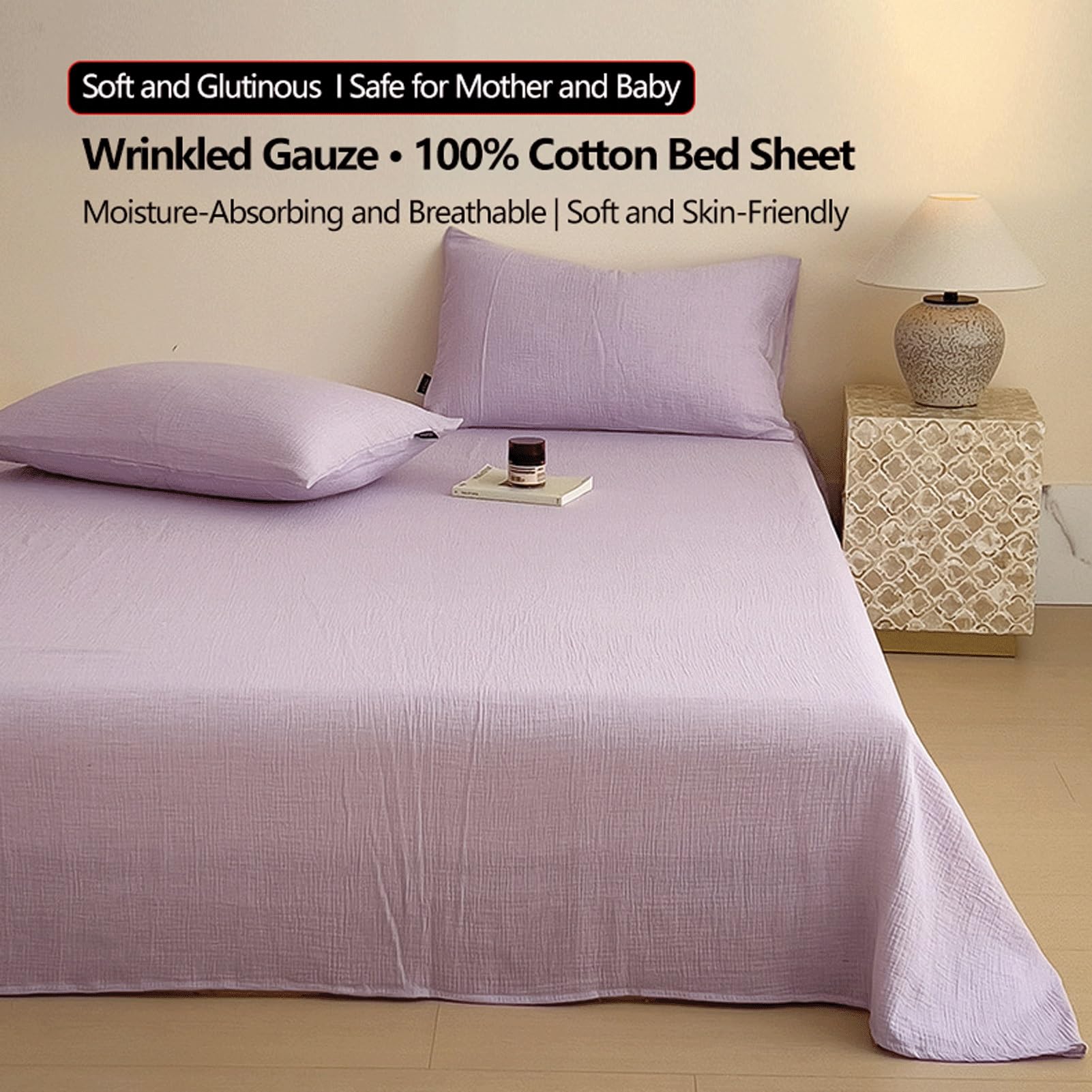 Sabana encimera Cama 90cm a 200cm 160x230cm a 250x270cm de Gasa Arrugada de algodón Clase A sábana Plana súper Suaves Transpirable(Pink,160x230cm+48x74cm x2)