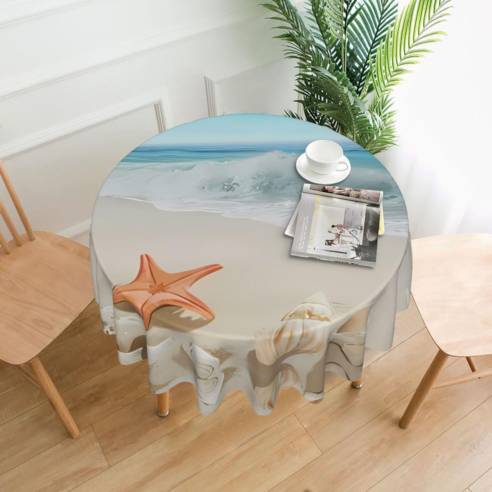 ZHAOUR Beach Shell Starfish Print Round Washable Tablecloth – Table Cover