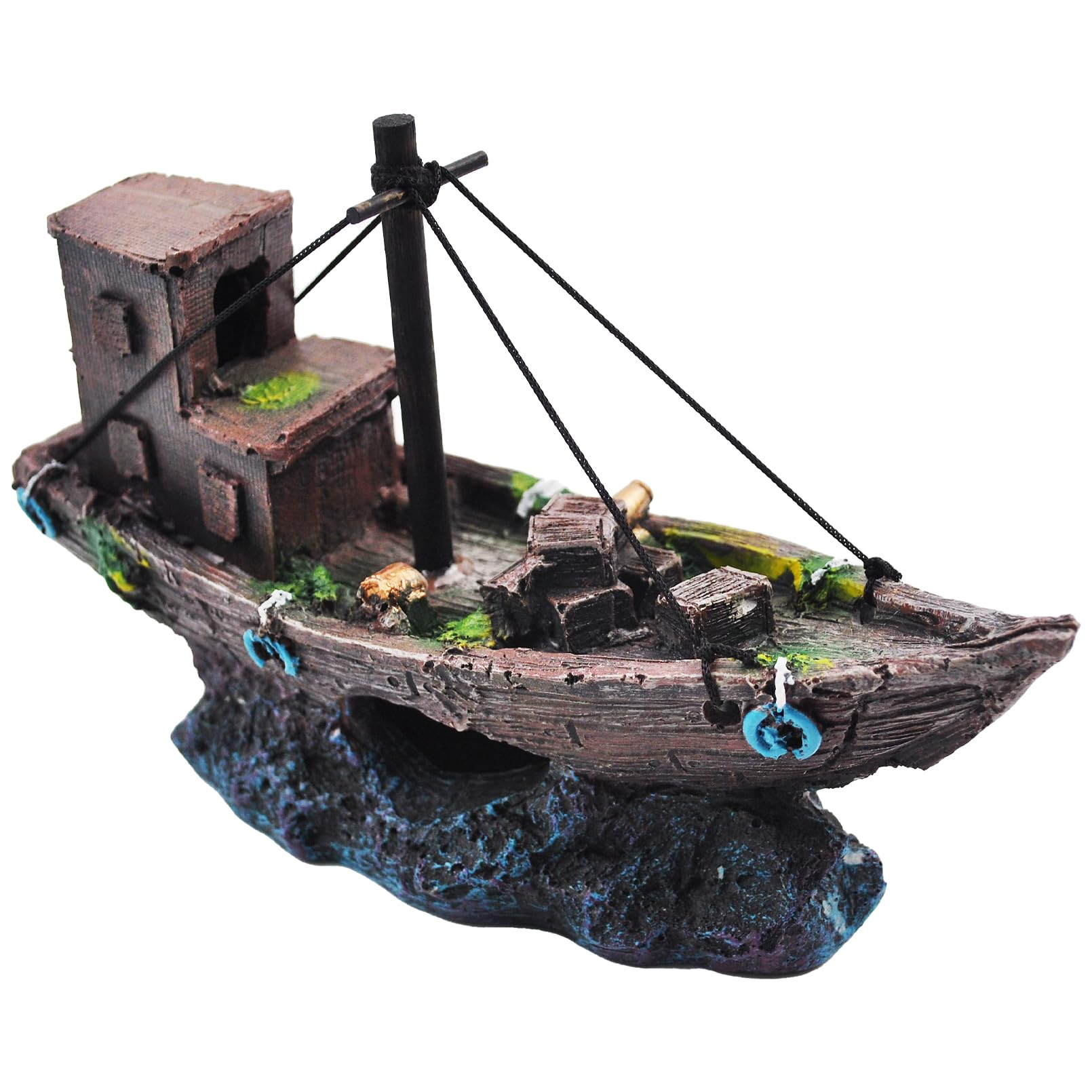 kathson Aquarium Shipwreck Decor Fish Tank Sunken Ship Ornament Pirate Shipwreck Decoration Resin Sunken Boat Betta Fish Sunken Ships Accessories for Freshwater Saltwater Tanks, Dark Brown : Pet Supplies