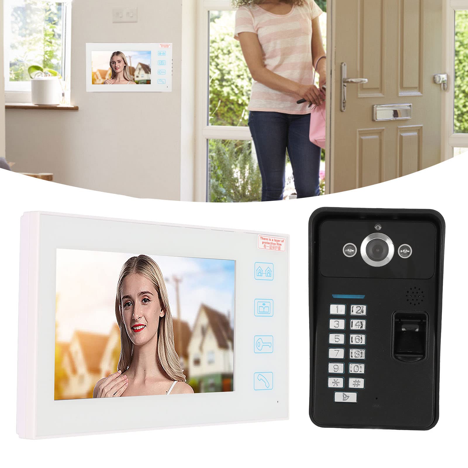 Sistema Videocitofono da 7 Pollici, Videocitofono Campanello Video HD LCD Vivavoce Monitor Videocitofono, Monitor Password Identificazione Impronte Digitali TFT Cablato con Visione Notturna per la(#1)