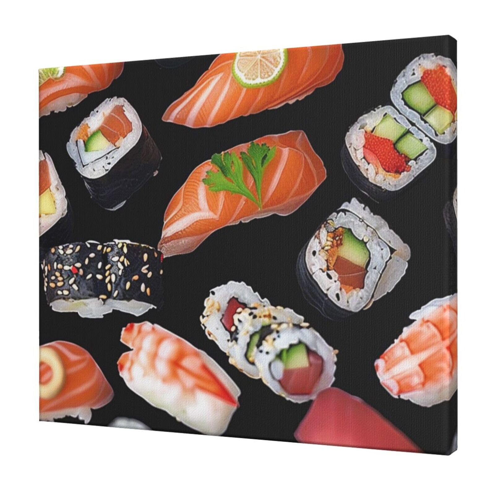 YKLJG Japanese Sushi Black Printed Wall Art Canvas Prints 60x50 CM Wooden Framed Picture Painting Artwork for Bedroom Kitchen Home Office Decor