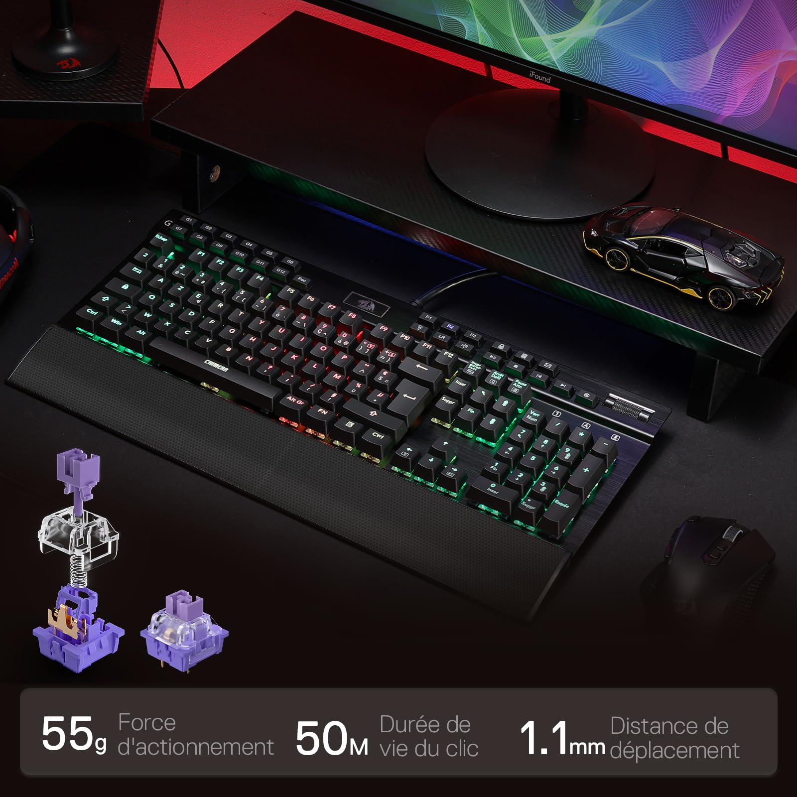 Redragon K550 Clavier Mécanique Filaire AZERTY RGB 12 Touches Macro | Switch Violet Cliquable 2 Ports USB Intégrés Repose Poignet Amovible 104 Touches Anti Ghosting Ergonomique