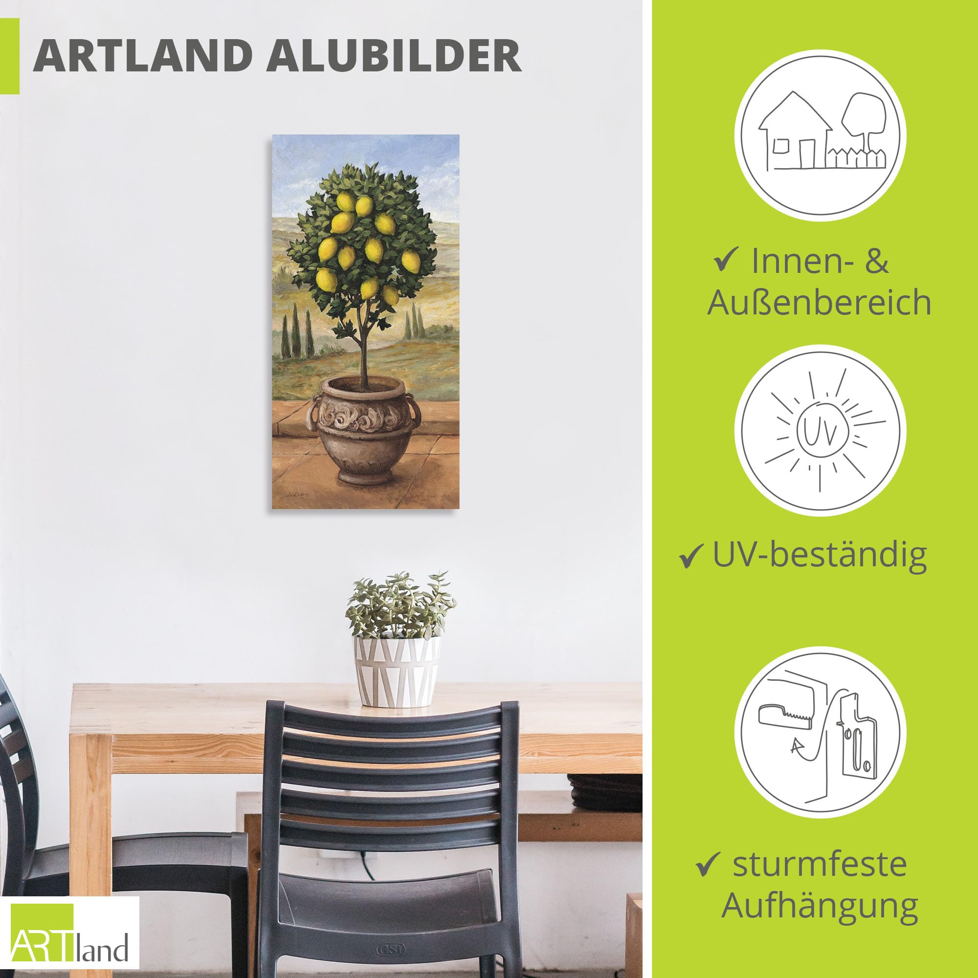 ARTland Wanddeko Wandbild Alu Verbundplatte für Innen & Outdoor Bild 50x100 cm Toskana Zitrone Baum Italien Landschaft Mediterran Botanik Terracotta T4MN