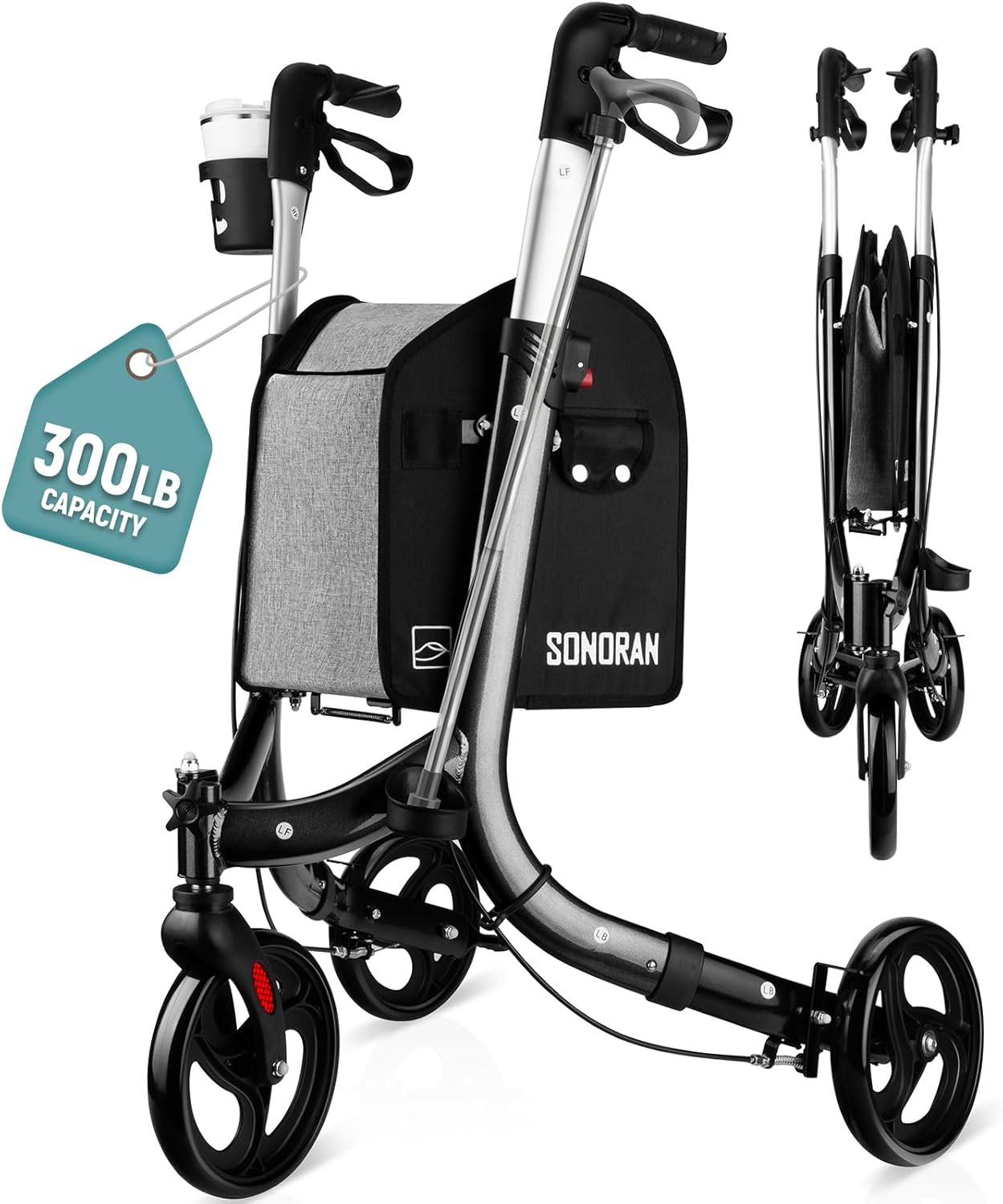 3 Wheel Walkers for Seniors – Foldable Rollator Walker with Cane Hold and Cup Holder, Basket Bag, Adjustable Lightweight Three Wheeled Adult Walkers for Seniors, Black